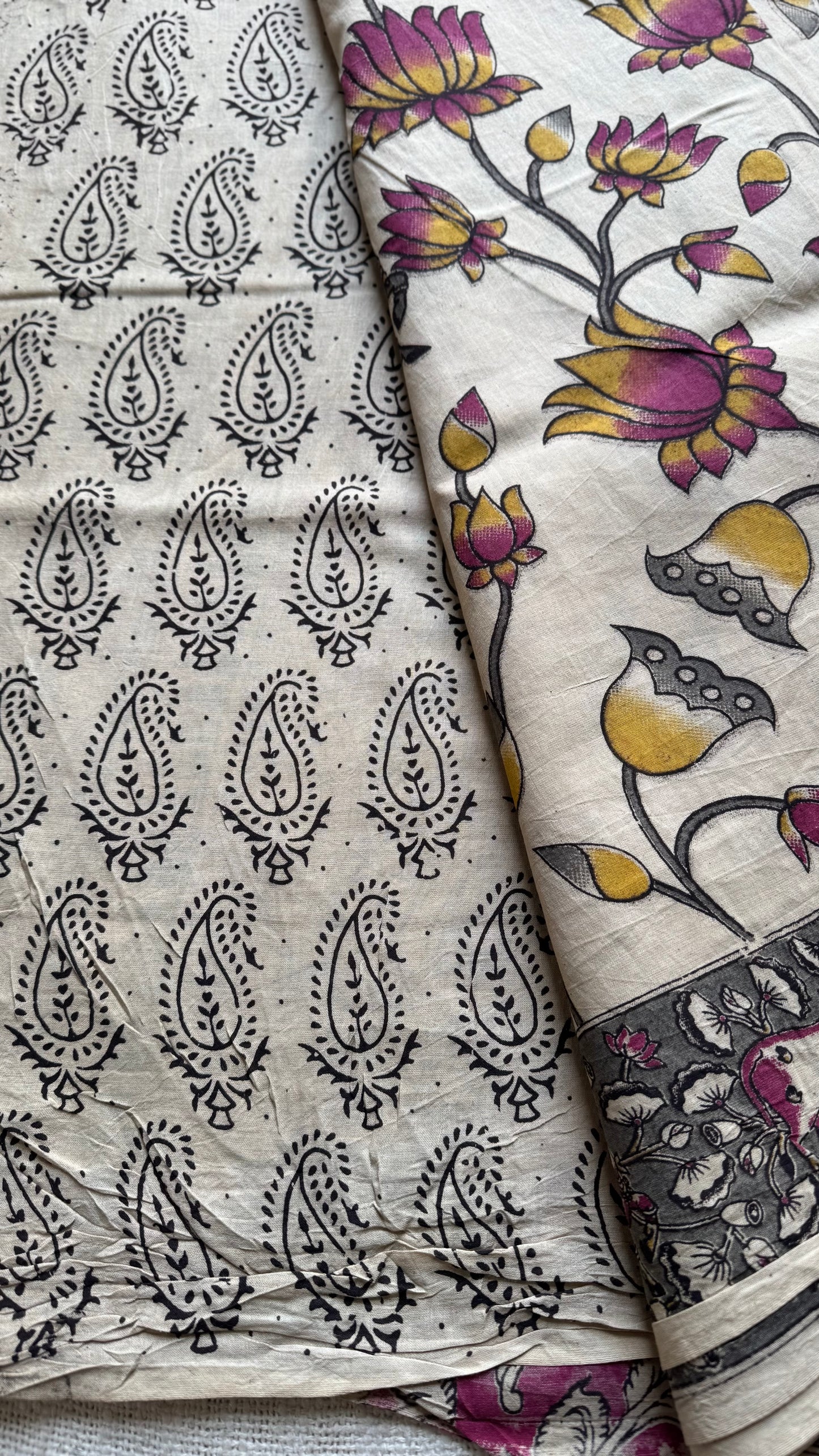 Beige with dark pink and yellow pichwai motif kalamkari, soft cotton - YCWOTDOCMP88