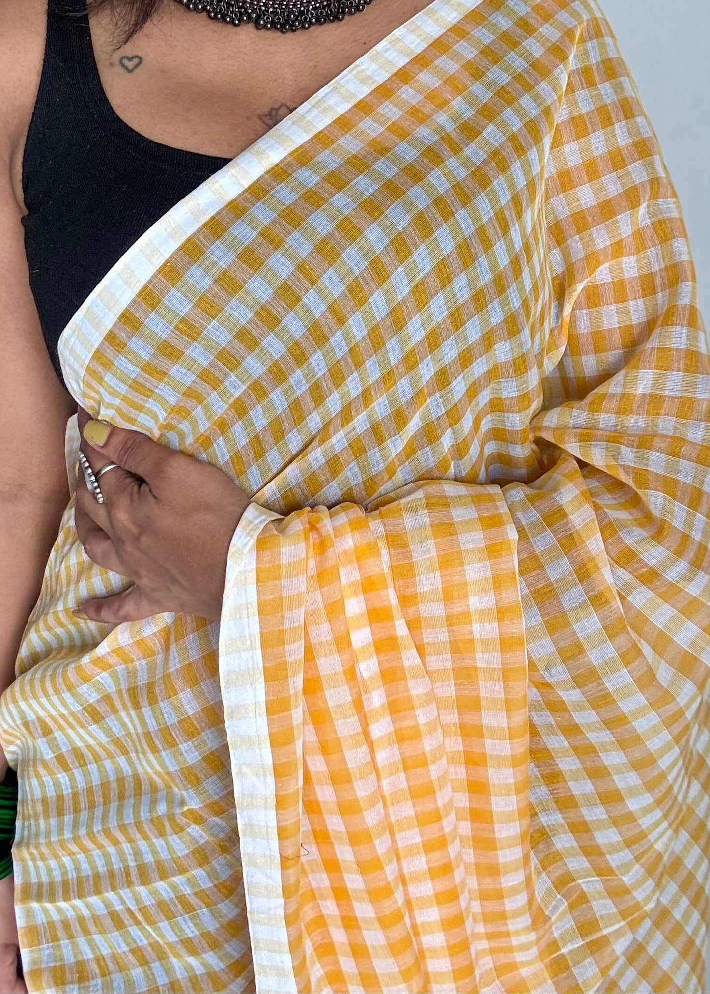 Orange and white checkered mul cotton saree - YCBCMCFE221