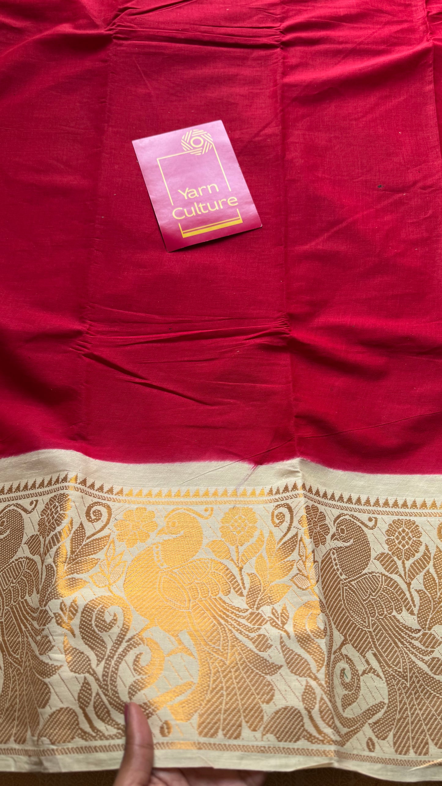 Red long border sungudi saree with cream contrast, kattuchayam dyed madurai cotton - YCCOTNMA251