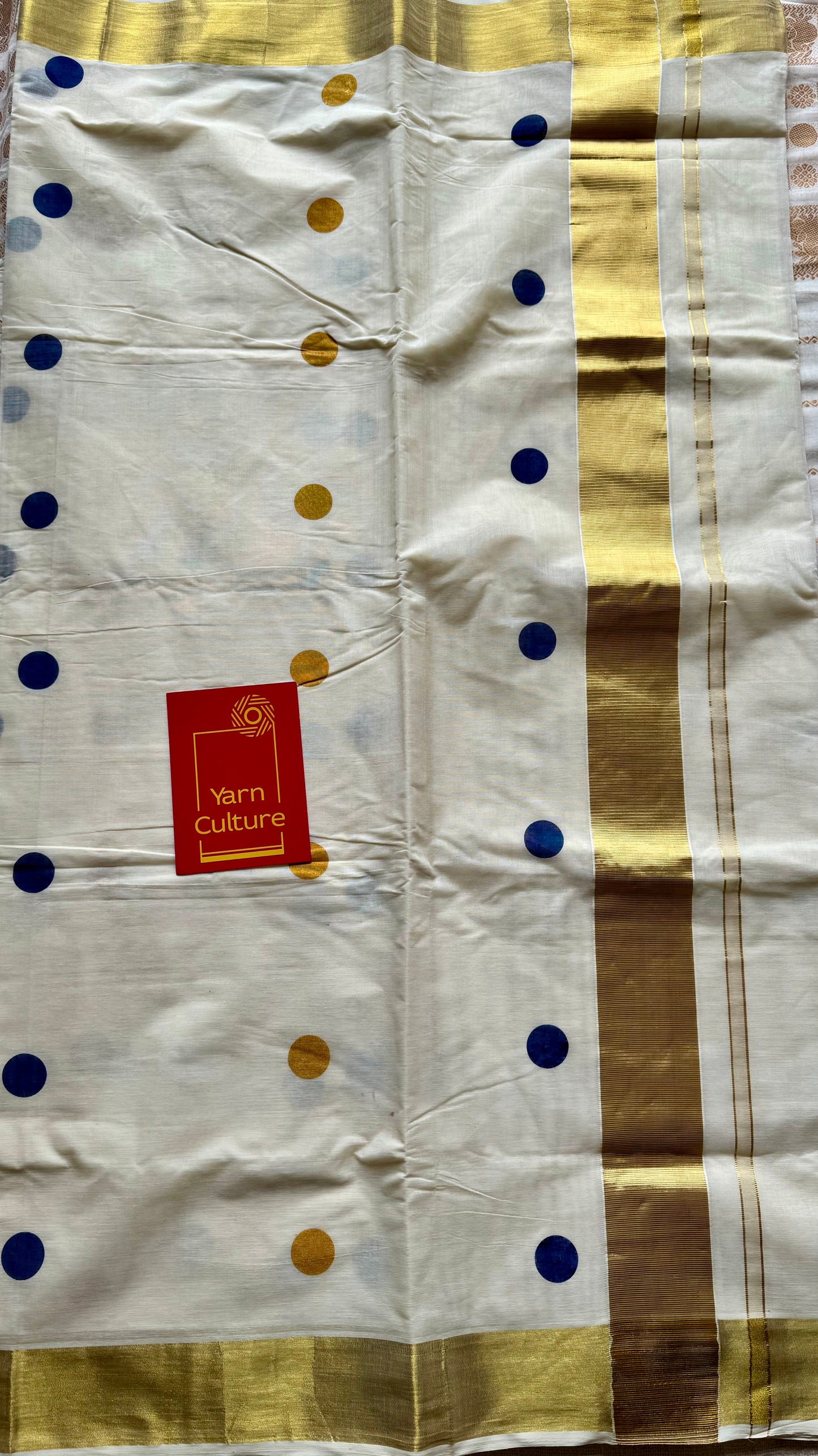 Ivory and gold soft cotton kasavu saree, navy blue and yellow polka - YCIEON73