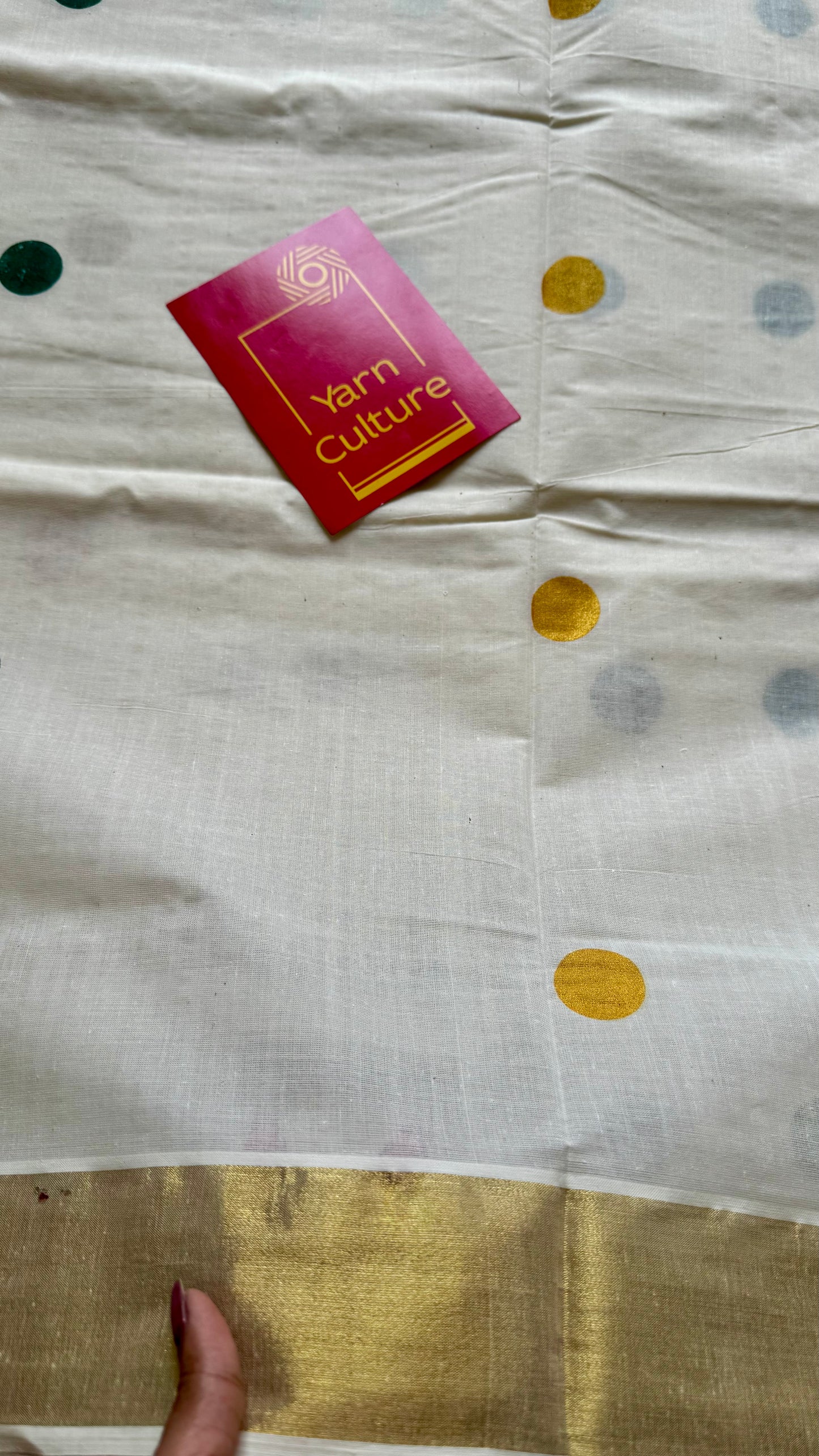 Ivory and gold soft cotton kasavu saree, dark green and yellow polka - YCIEON71