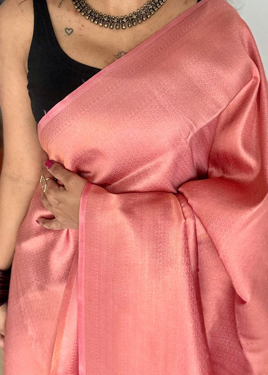 Peach, antique gold zari, semi -silk - YCDOSOCSS02
