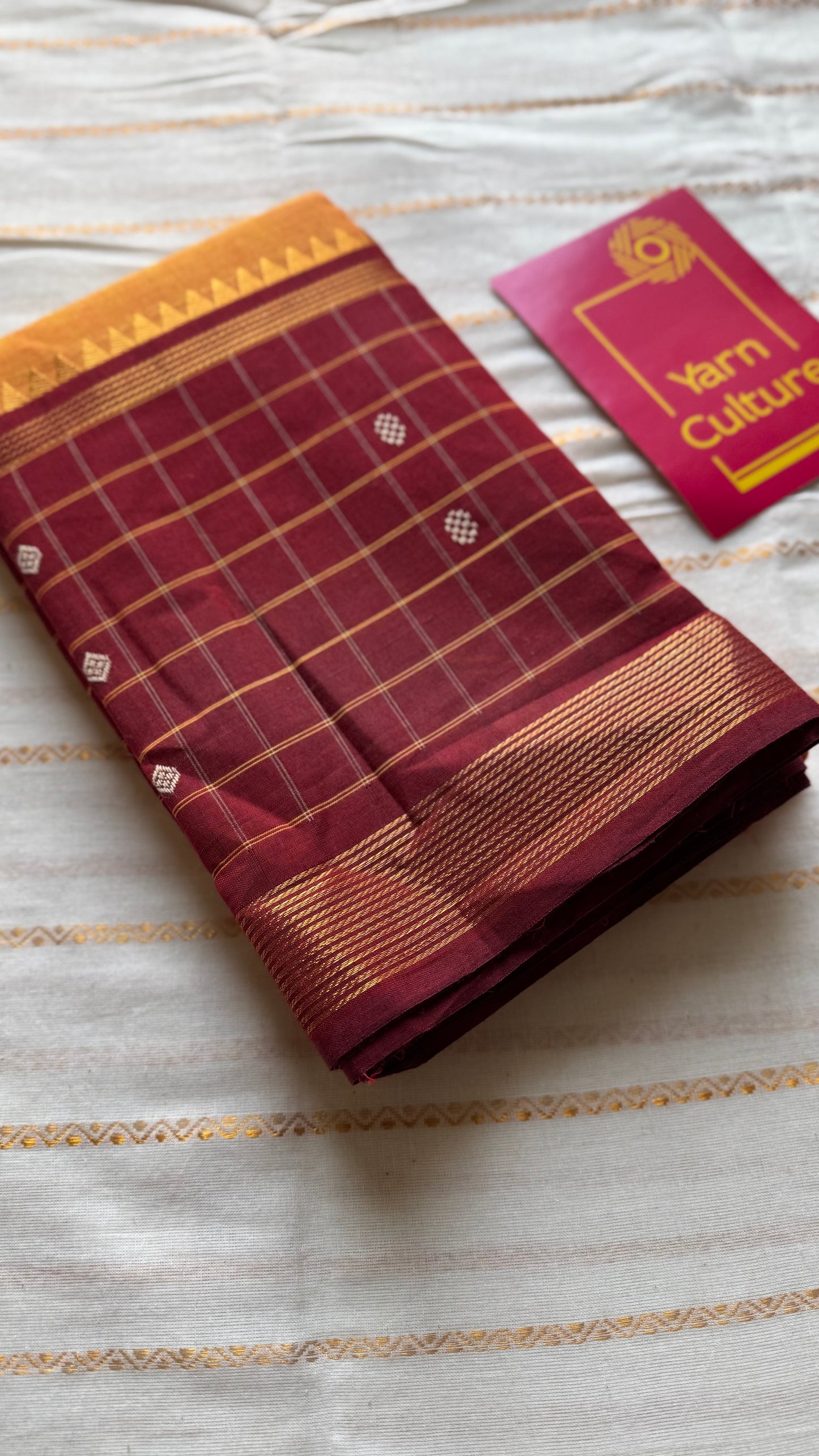 Orange and dark red contrast, Chettinad cotton saree with checkered border - YCCOTNMA268