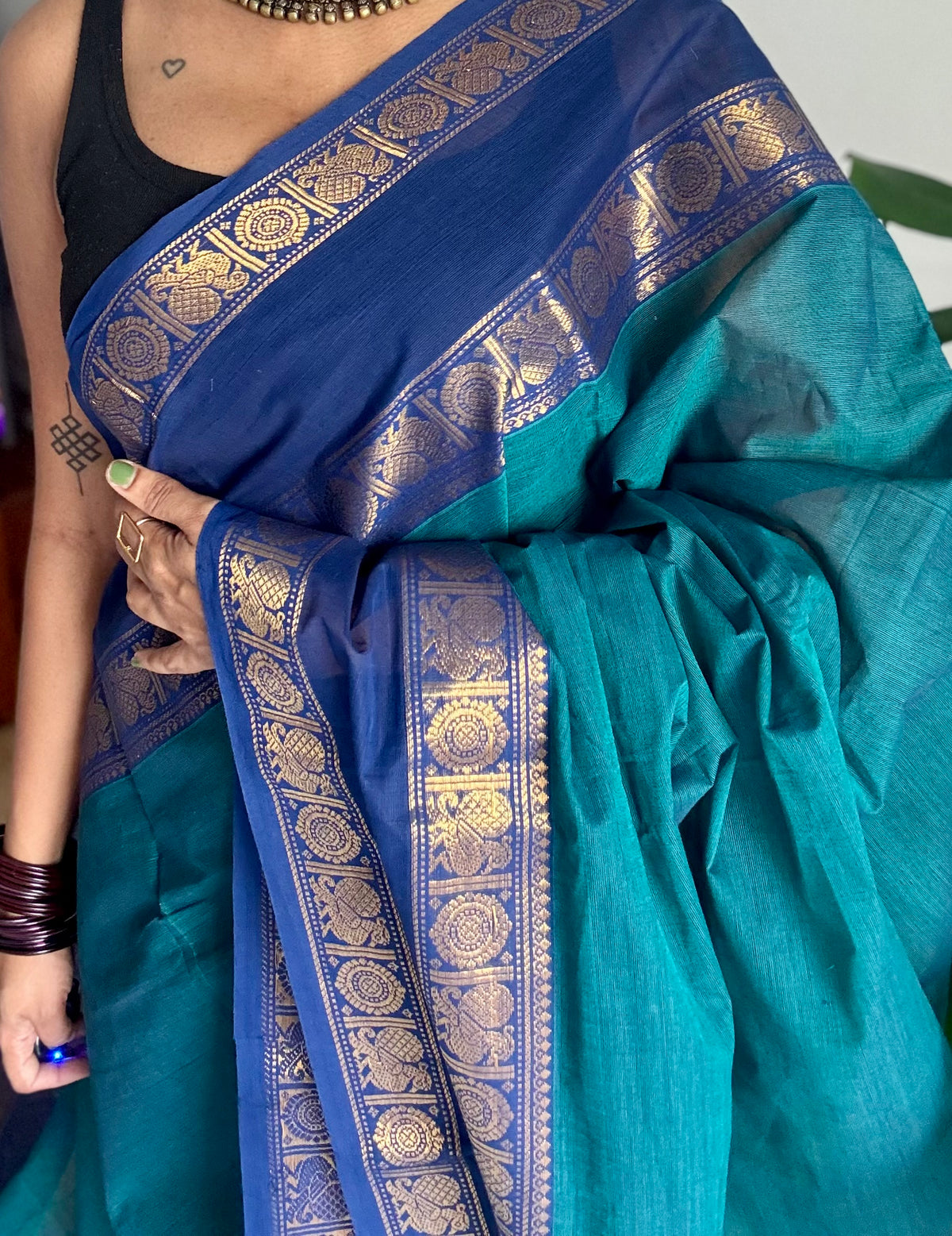 Peacock blue with blue rettaipet double zari border, kanchi cotton saree - YCCOTNCCOC112