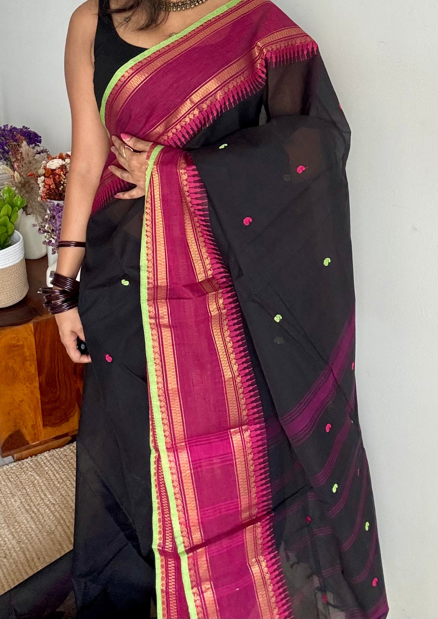 Kanchi cotton saree, black with magenta and pista green border - YCCOTNAP84
