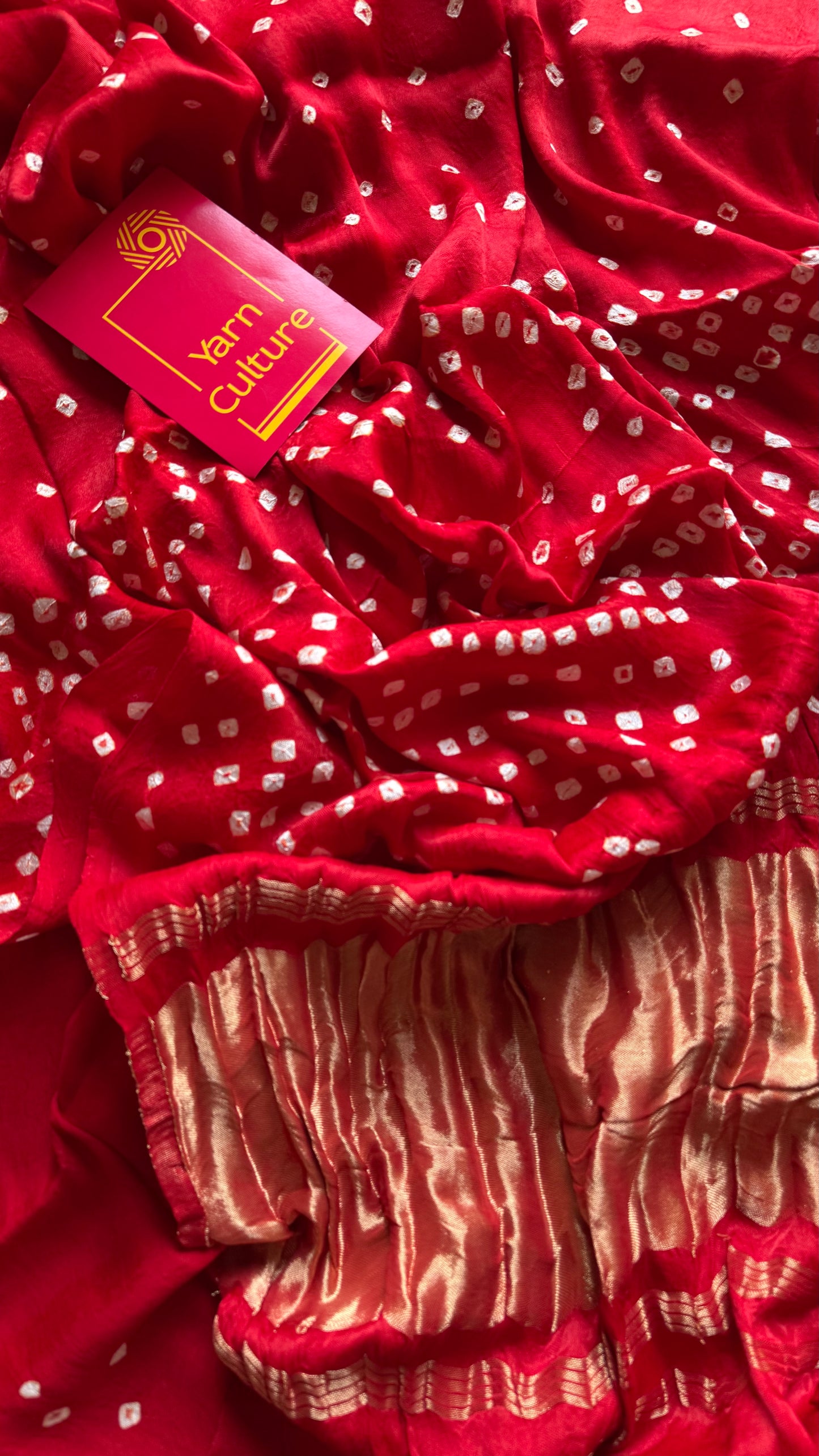 Red, crushed bandhej pure modal silk saree with lagdi patta zari pallu - YCTOKBM335