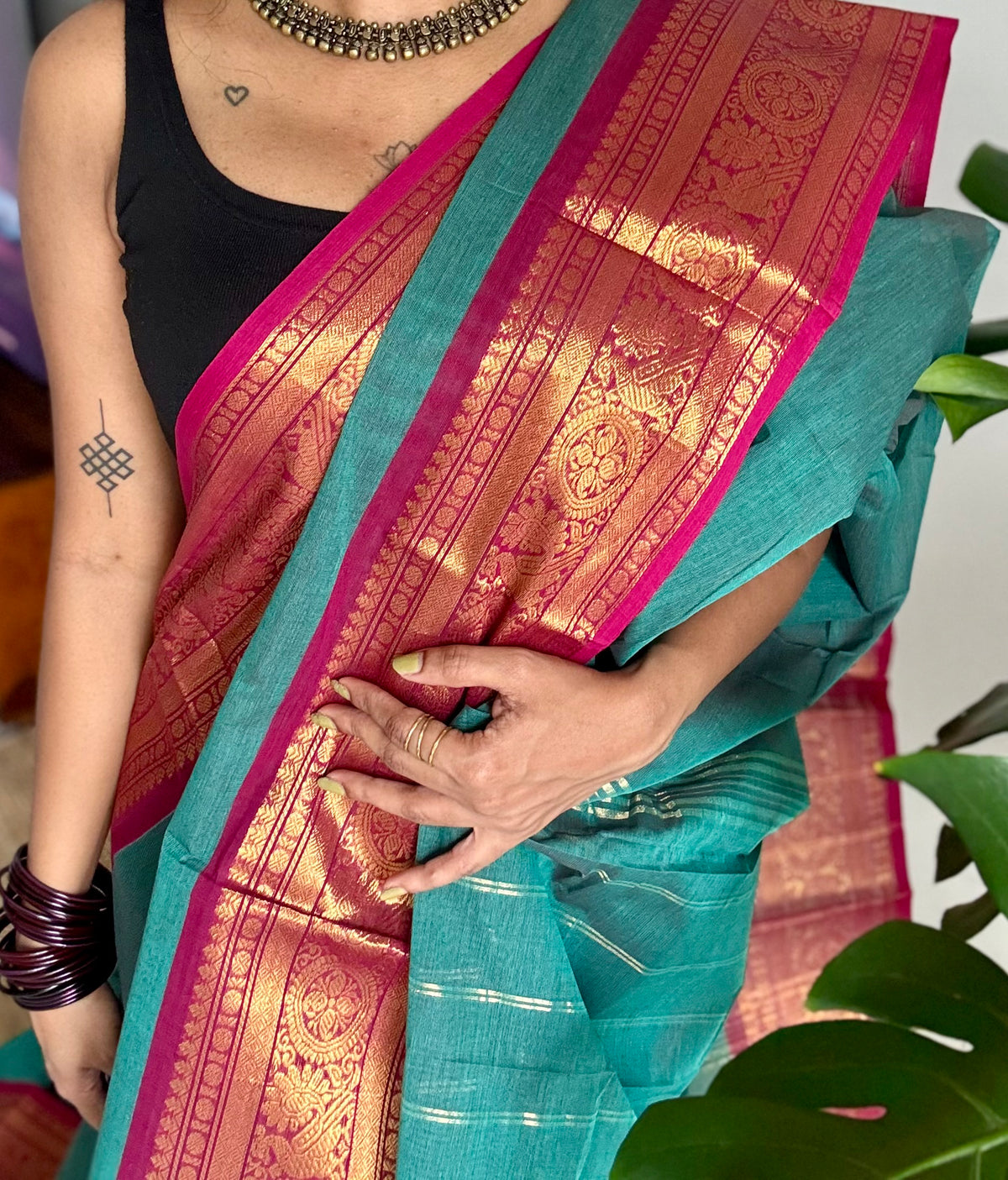 Jade green with ruby pink zari border chettinad cotton saree - YCCOTNCKSE14