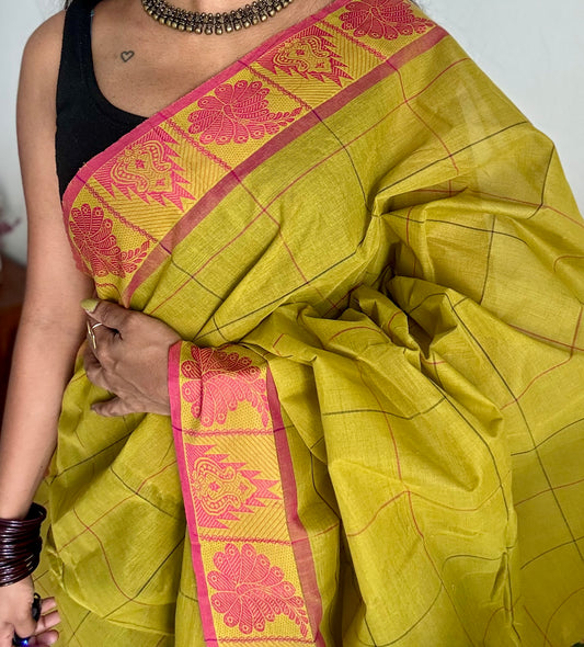 Chettinad cotton saree with lime green and pink checks, thread motif border - YCCOTNJUCC04