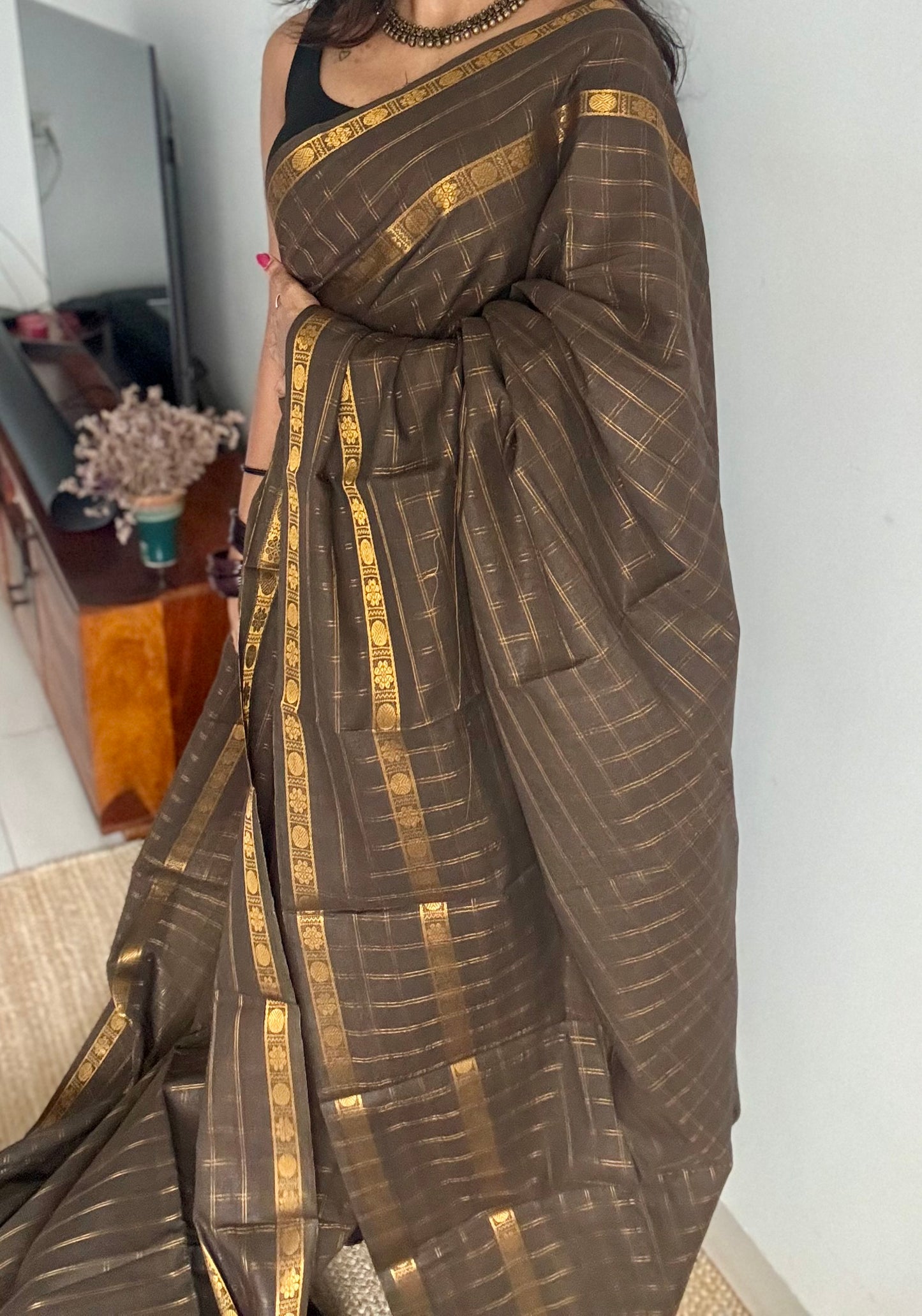 Khaki green adayar gold zari kattam, sungudi cotton - YCCOTNOCSC48