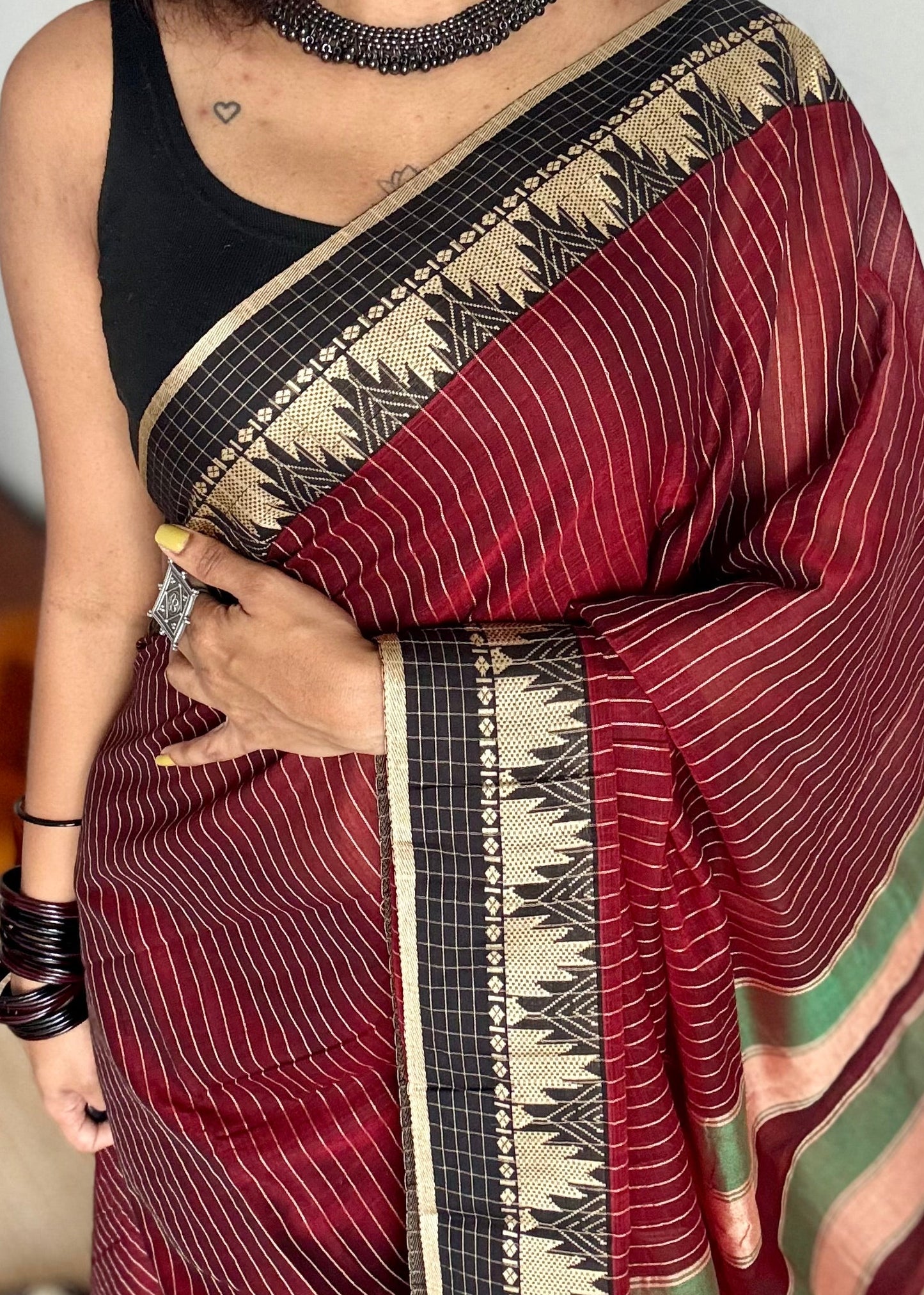 Maroon striped premium narayanpet soft cotton, with temple motif and checkered border - YCWOTDNPNO86