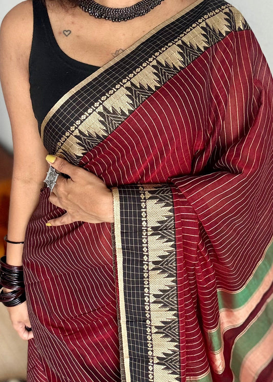 Maroon striped premium narayanpet soft cotton, with temple motif and checkered border - YCWOTDNPNO86