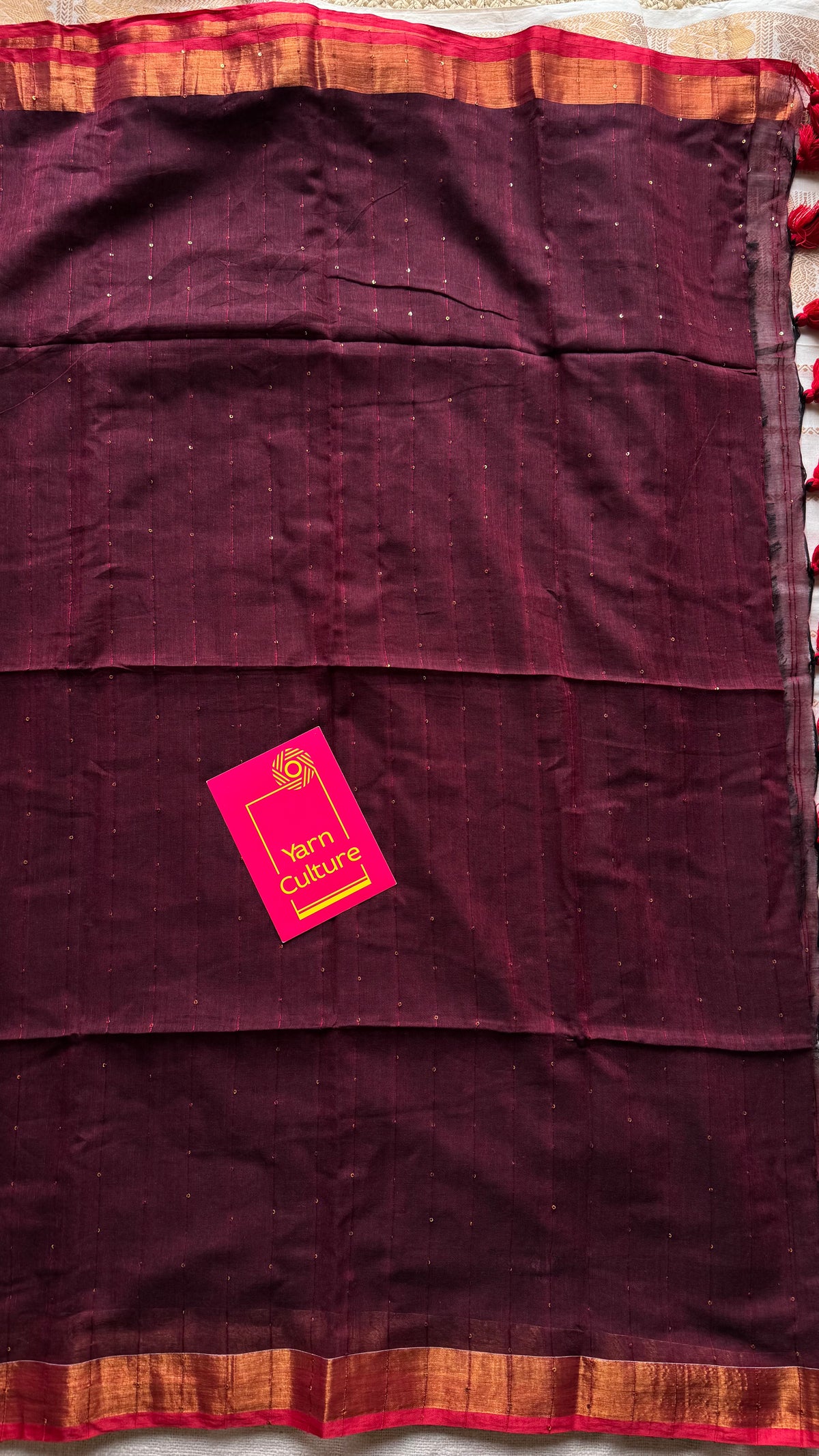 Maroon mul cotton saree with sequins and zari border - YCBCMCSE30