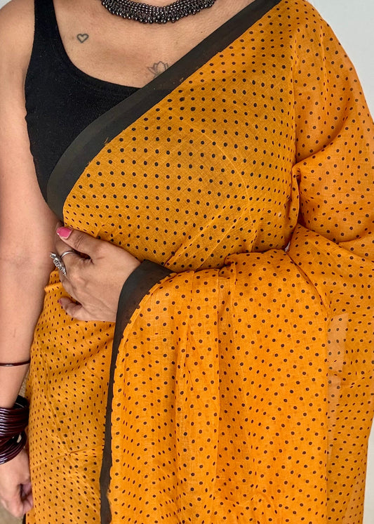 Orange with black polka dots mul cotton saree  - YCBCMCAP53