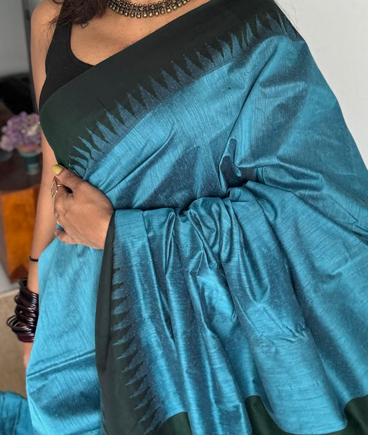 Blue with dark green contrast, temple border saree, cotton silk - YCCOTNTBFE63
