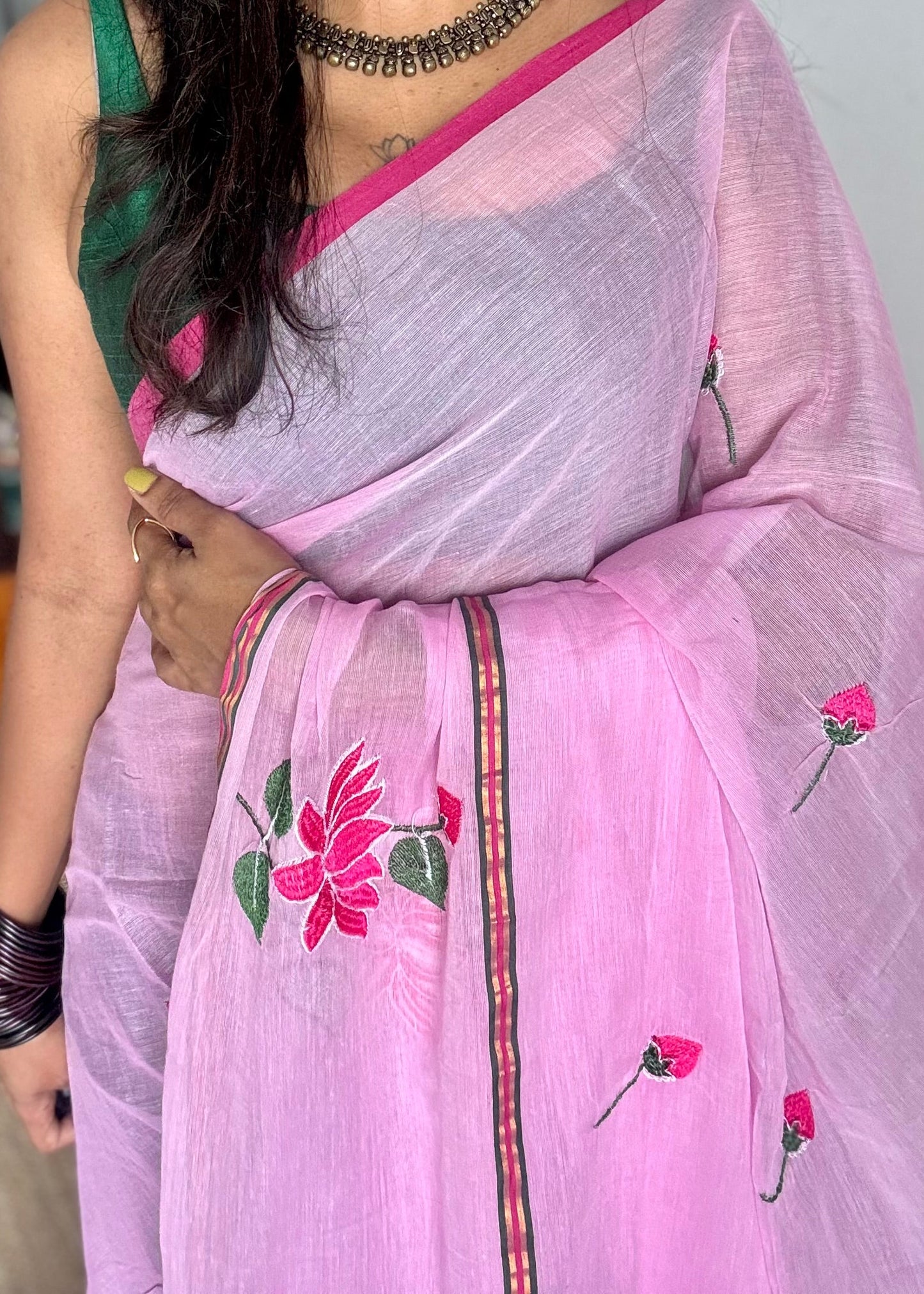 Pink mul with pink lotus embroidery and coloured zari - YCBCMCNO64