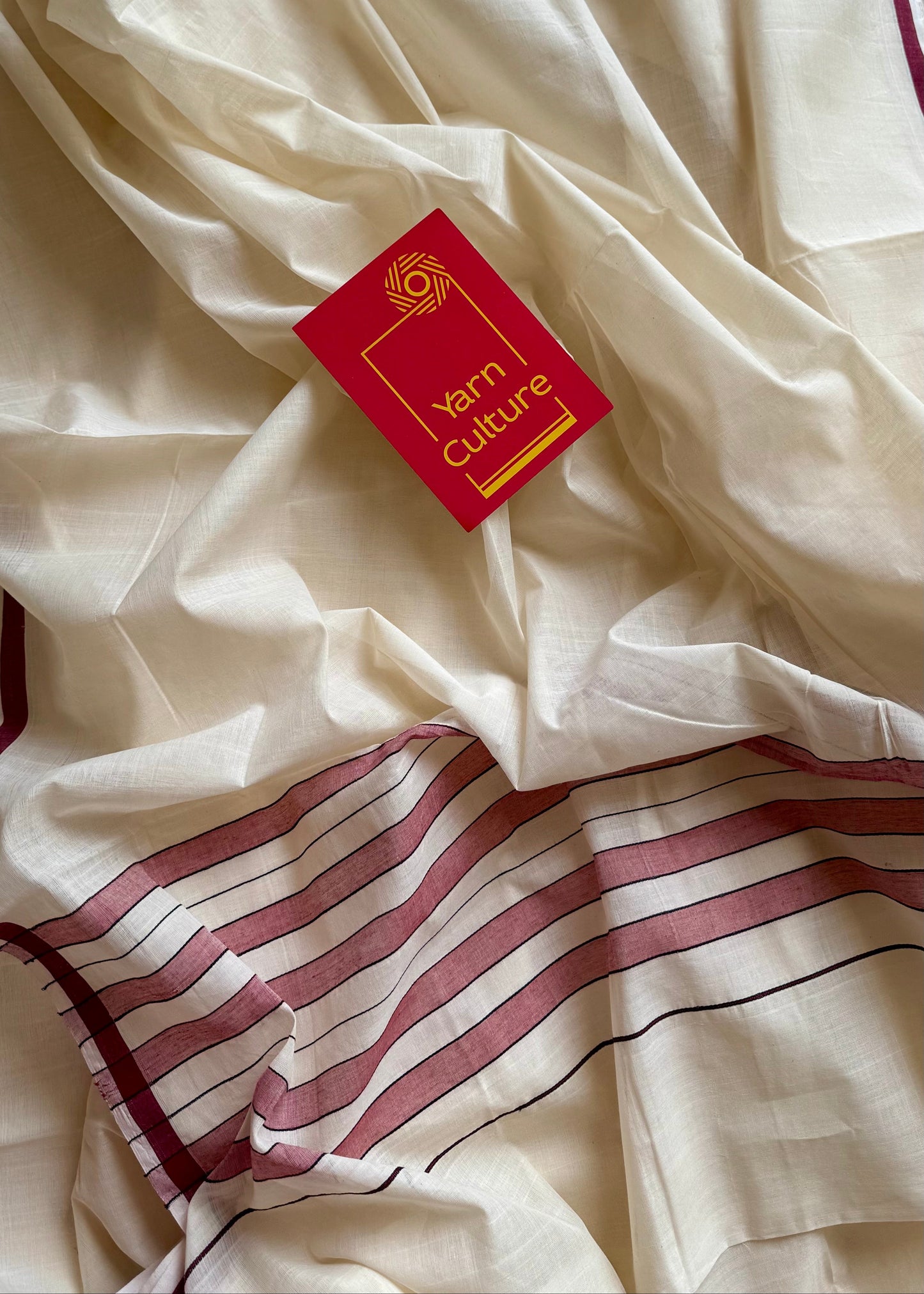 Handloom, woven in Chendamangalam Looms, ivory with maroon border, soft cotton saree - YCIEON151