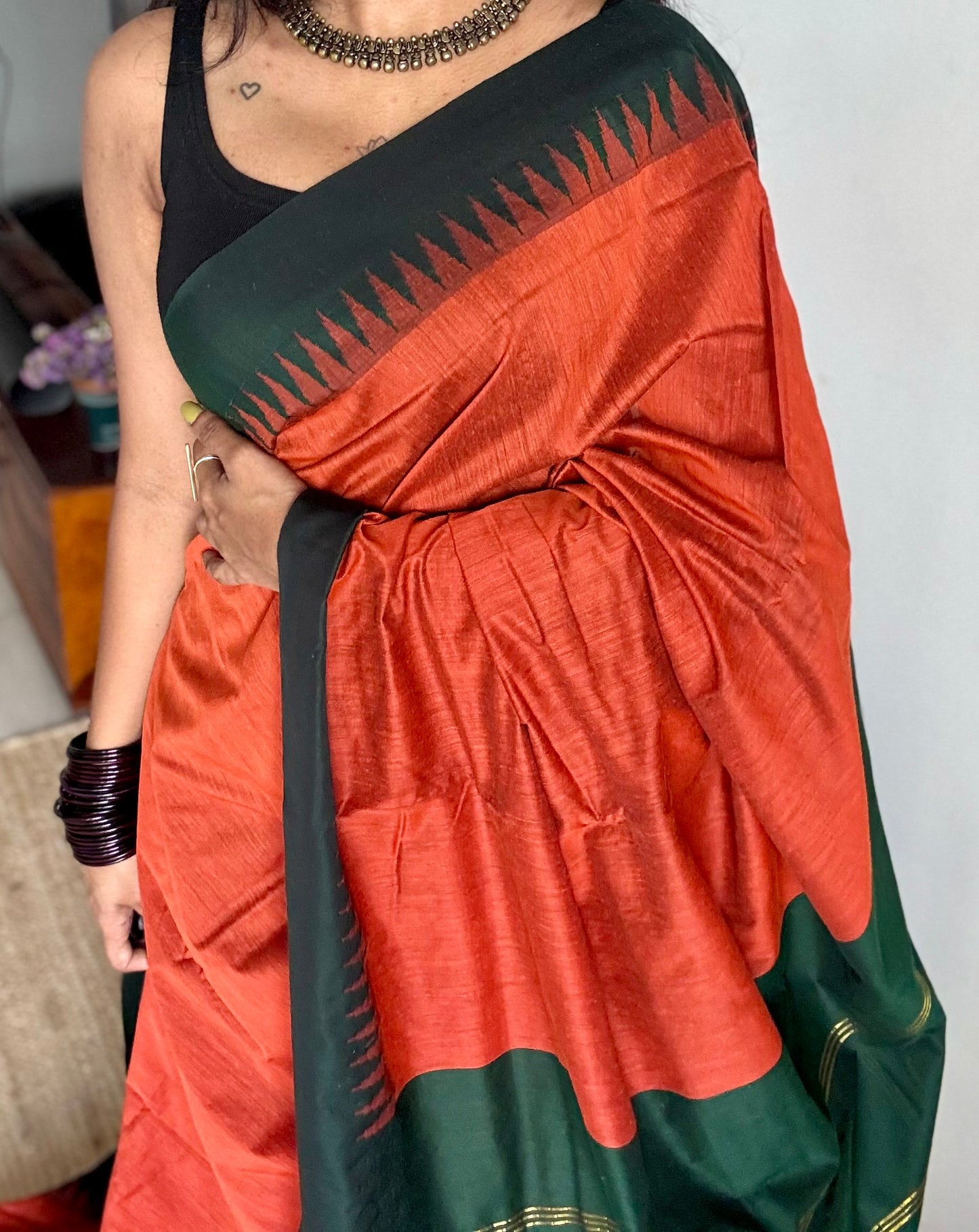 Orange with dark green temple border, cotton silk - YCCOTNCSDE93