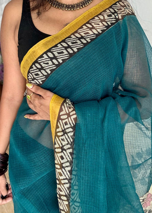 Teal Tadka - teal blue with yellow kota doria saree, with gold zari border - YCTORKDAP11