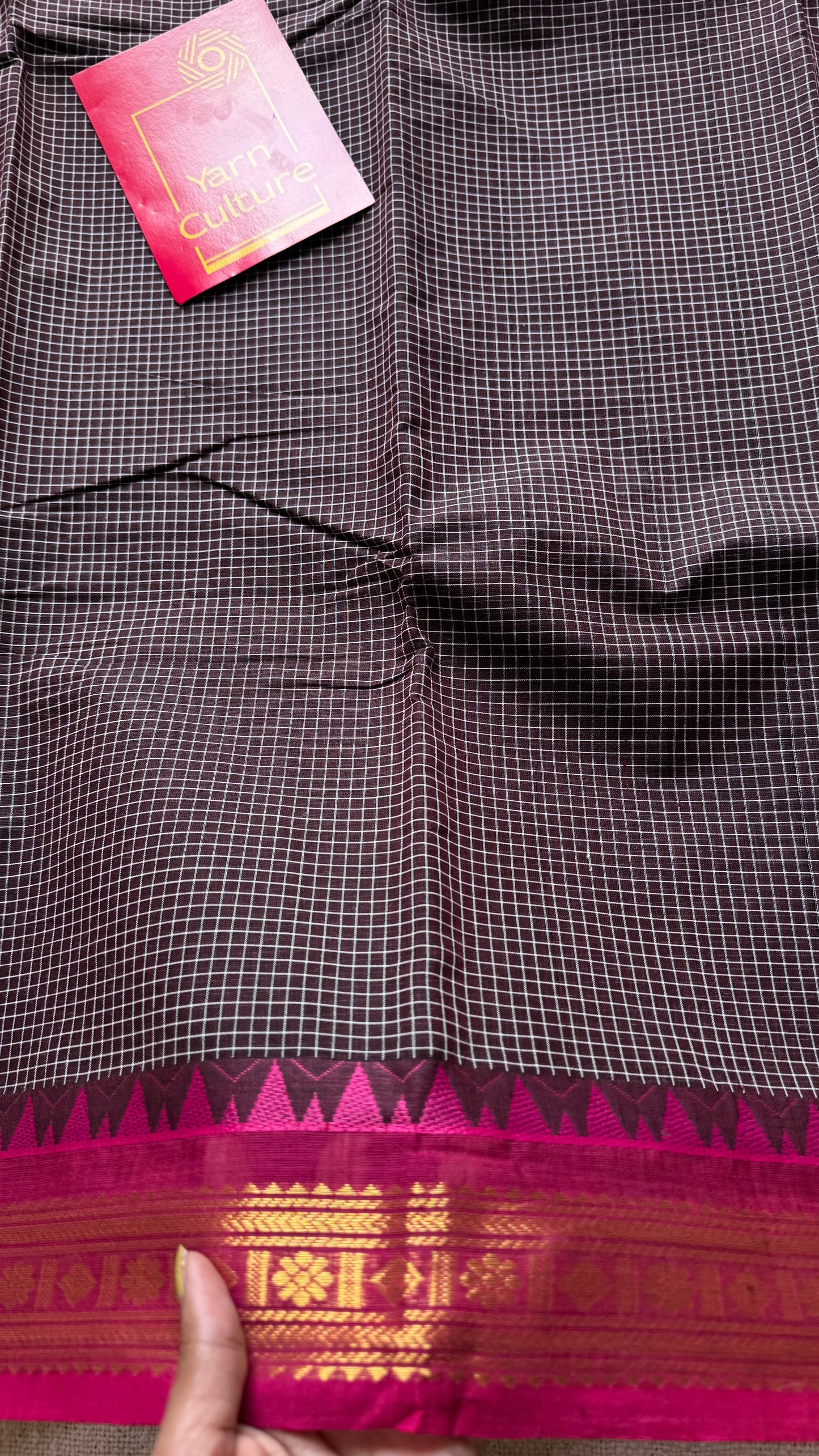 Dark brown with pink contrast, checkered kanchi cotton saree - YCCOTNJU18