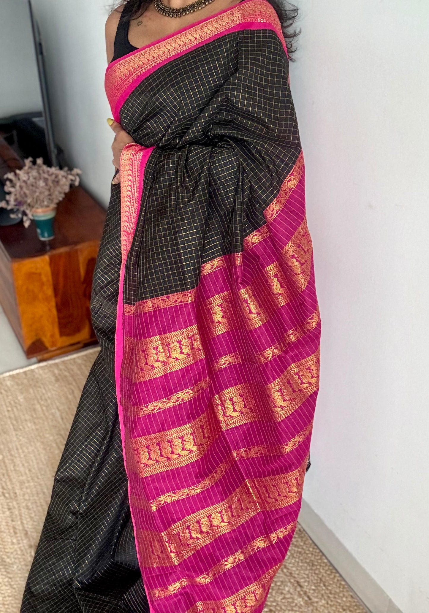 Black with hot pink, checks - cotton silk - YCCOTNOCKC81