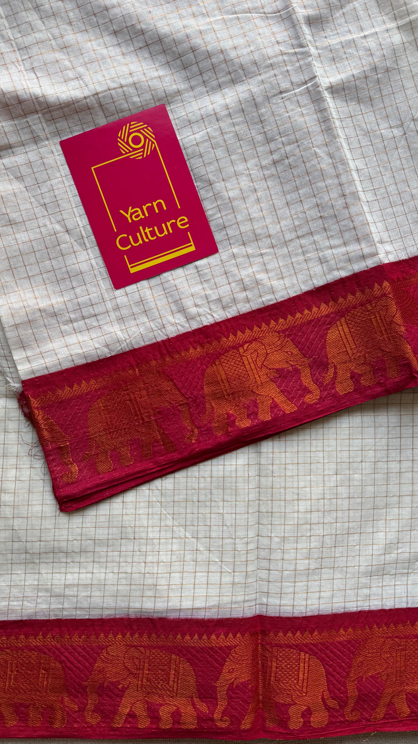 Sungudi cotton checks, ivory base, red border with elephant motifs, soft cotton - YCCOTNMSJA182