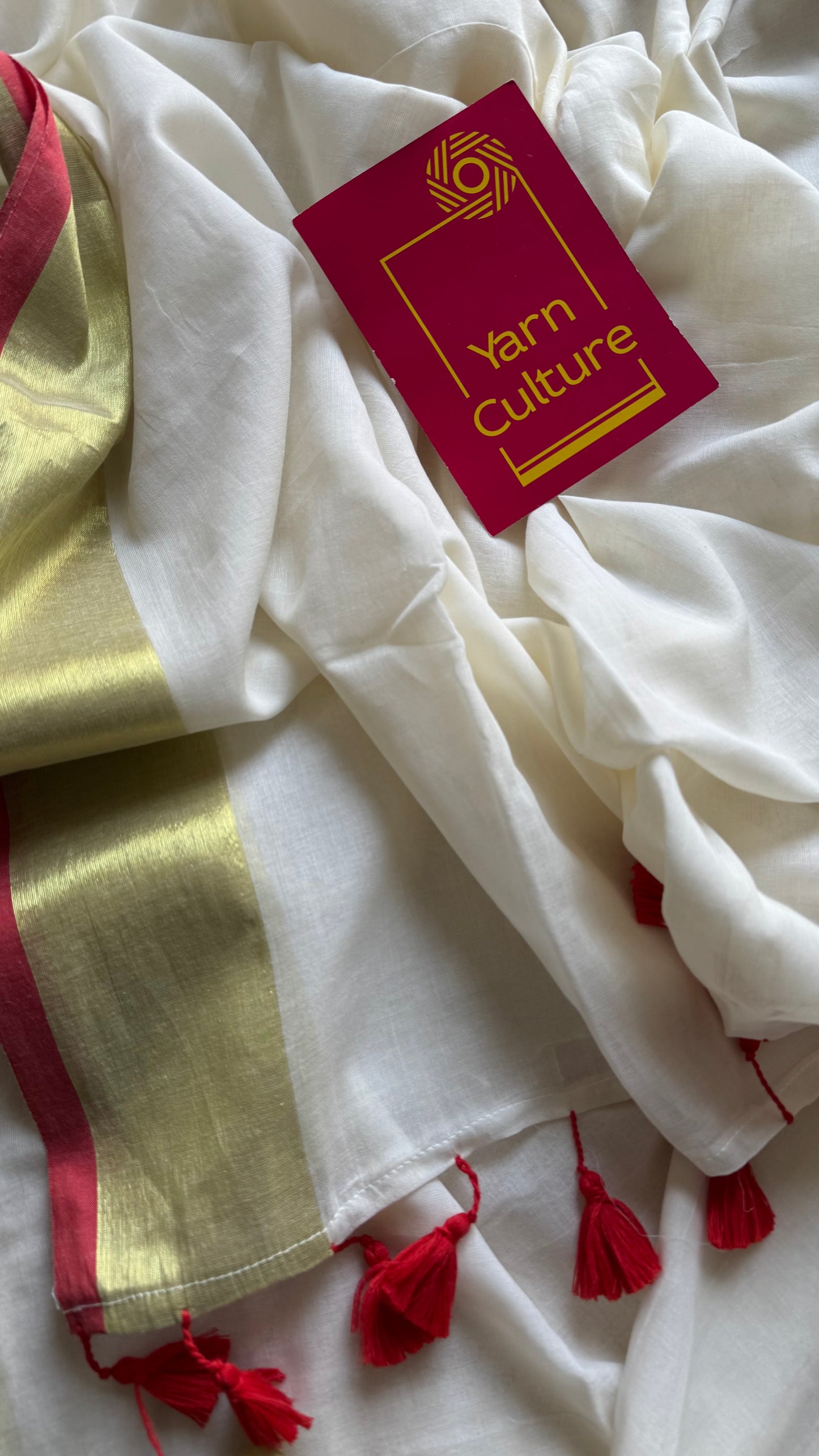 Ivory mul saree with red gold zari border  - YCBCMCFE291