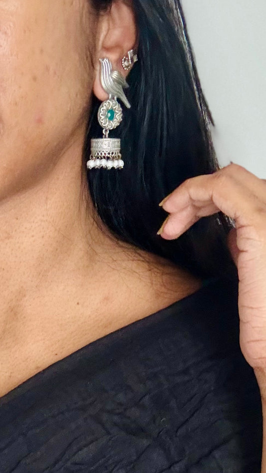 Bird Jhumka, green stone, black polished oxidised silver - YCOSEJ449