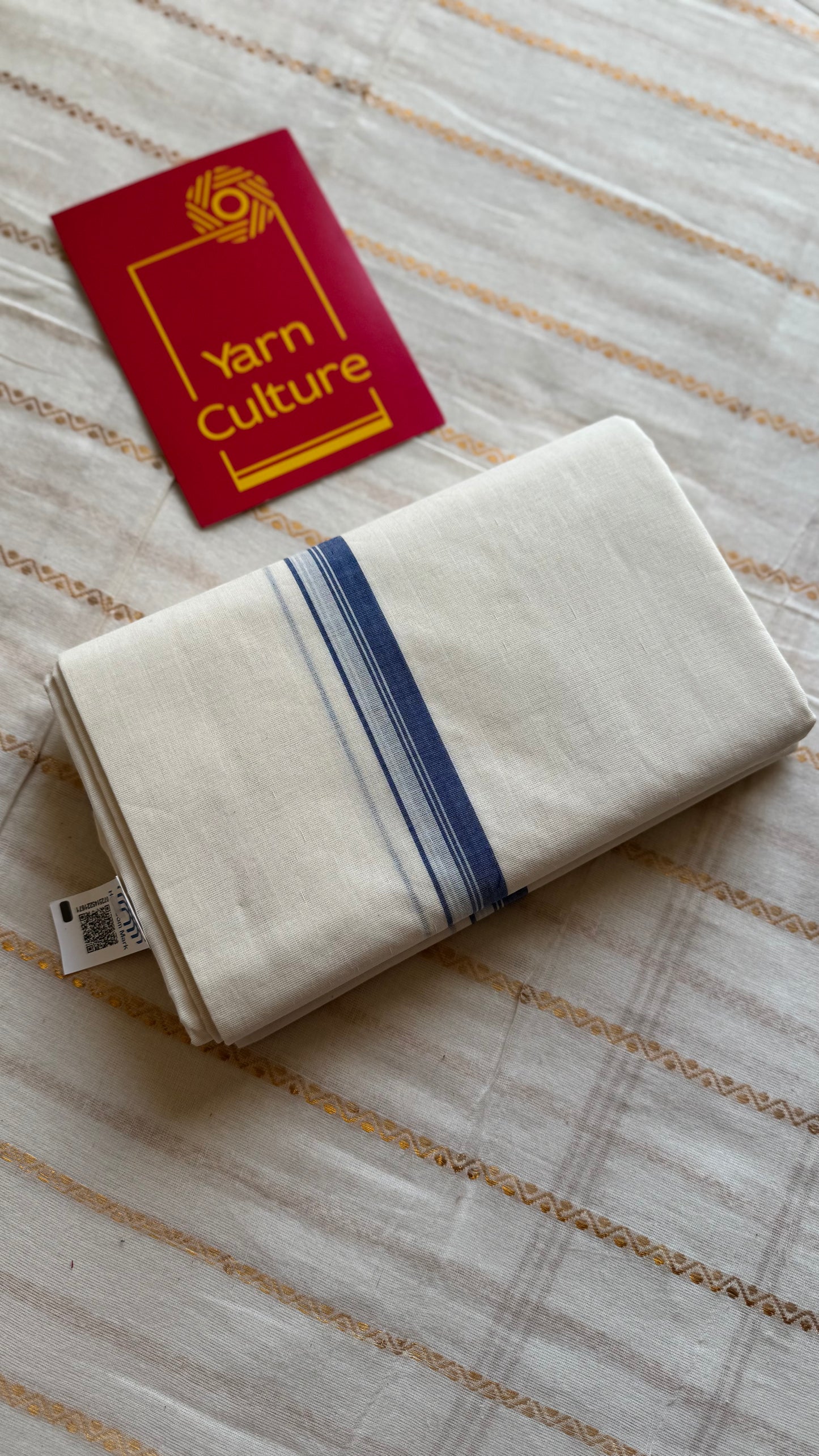 Ivory Chendamangalam Handloom Double Mundu with Blue Kara | Soft Cotton Men's Dhoti - YCMSEIE176