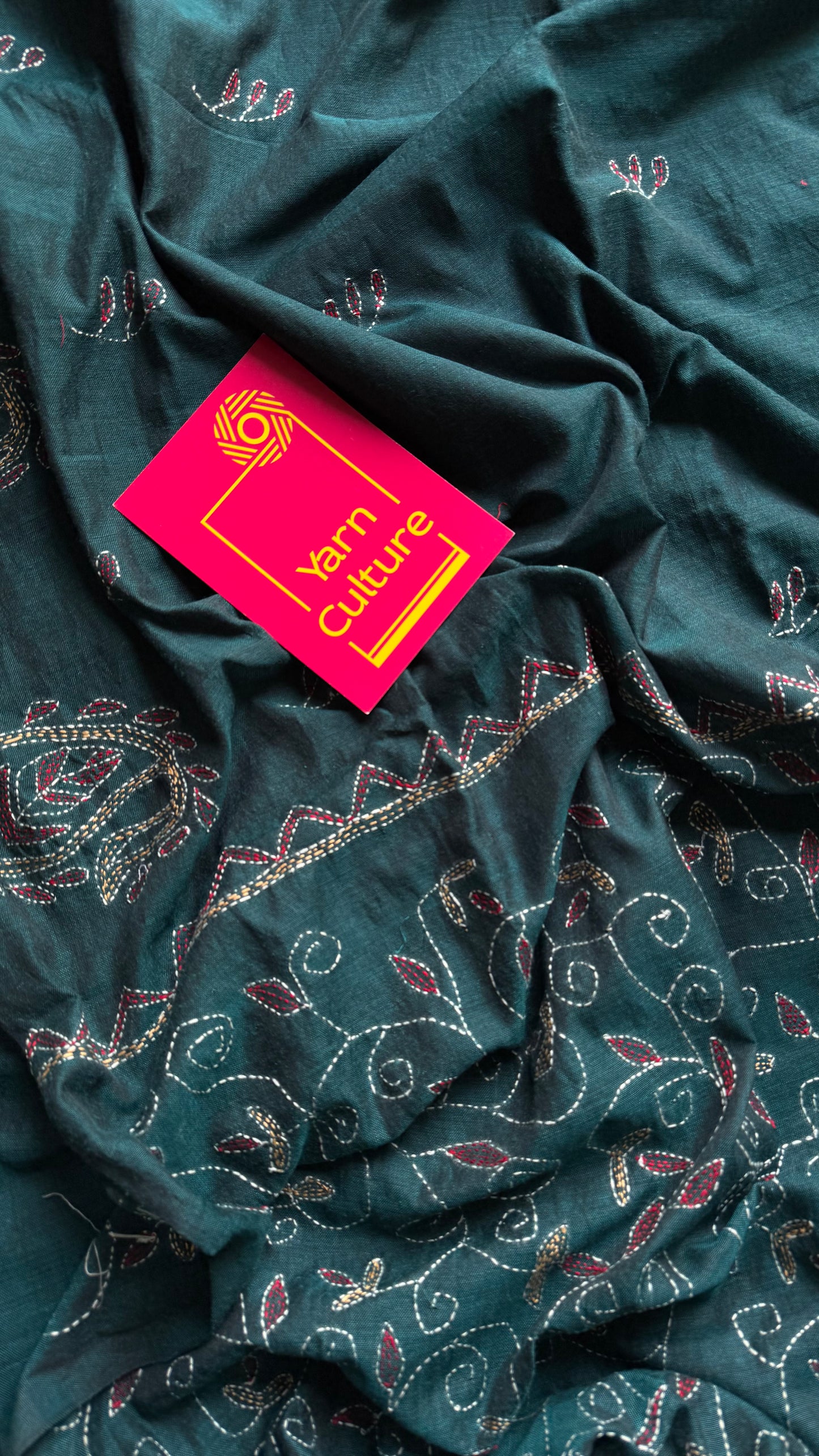 Embroidered peacock blue kantha weave in soft cotton - YCBCKKJA144