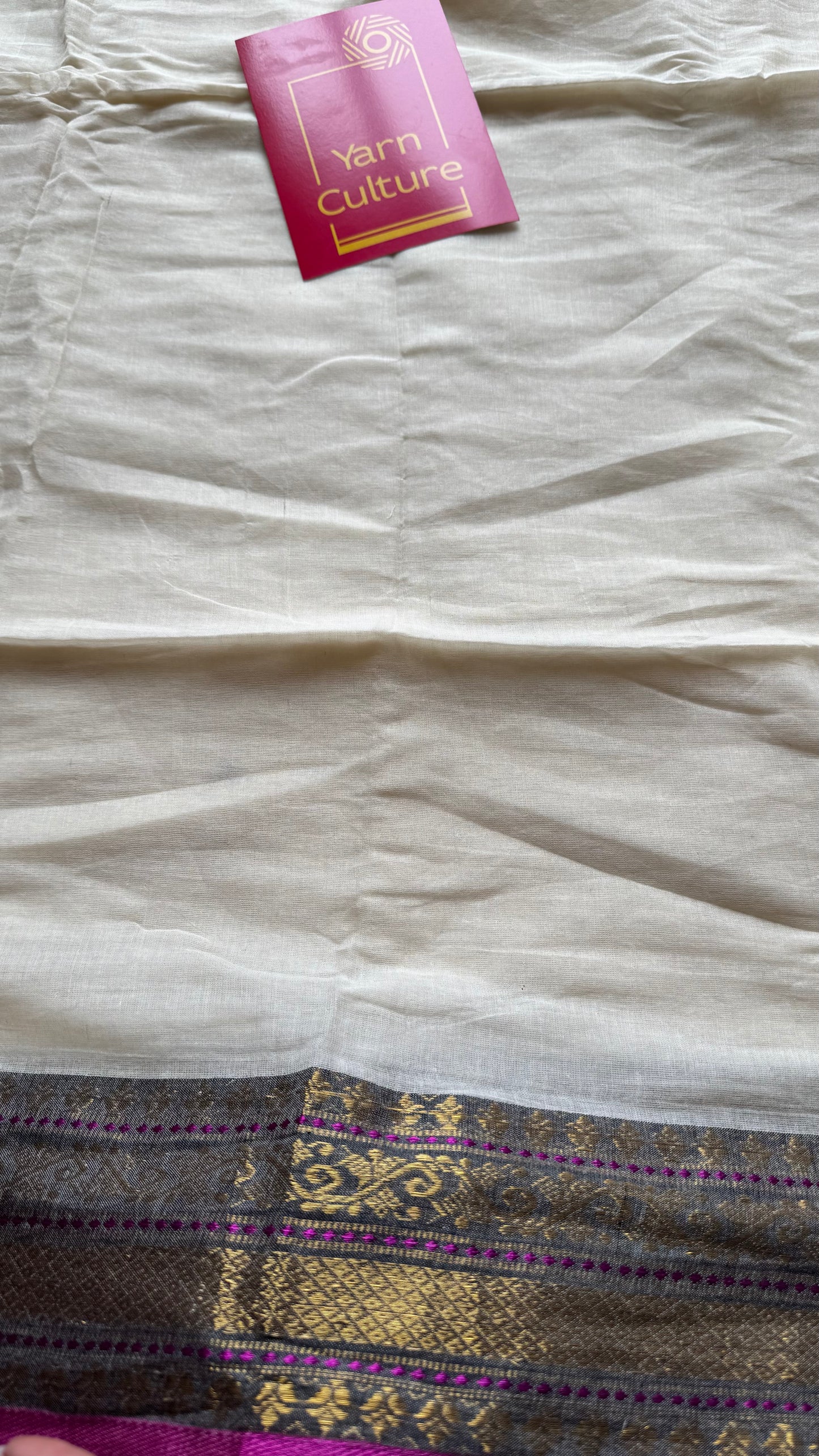 Ivory mul saree, purple pink and antique gold kanchi border - YCIEON30