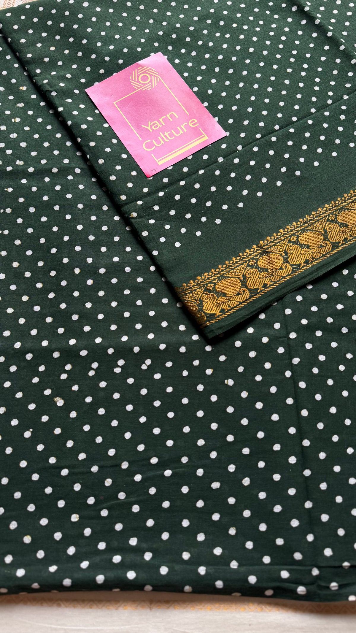 Dark green sungudi dotted, single-side border, kattuchayam dyed madurai cotton saree - YCCOTNMSSE04