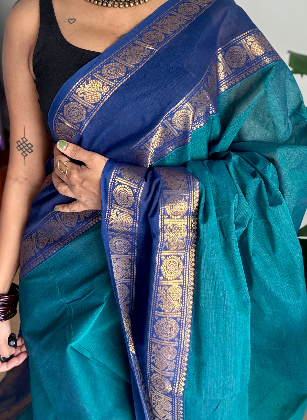 Peacock blue with blue rettaipet double zari border, kanchi cotton saree - YCCOTNCCOC112