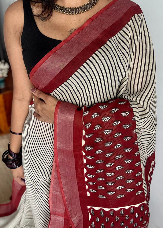 Cream and maroon striped linen, silver zari border - YCTORNOP19