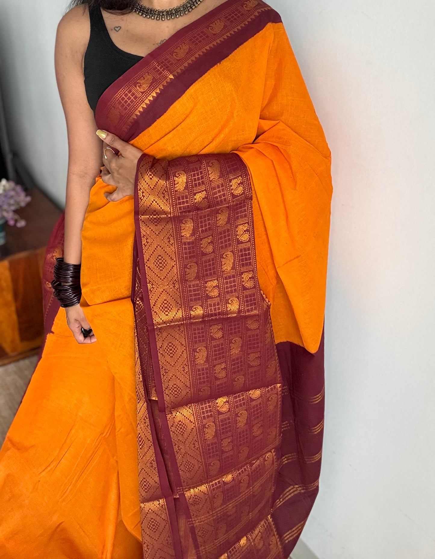 Mango yellow with maroon border, sungudi, madurai soft cotton - YCCOTNSUJA02