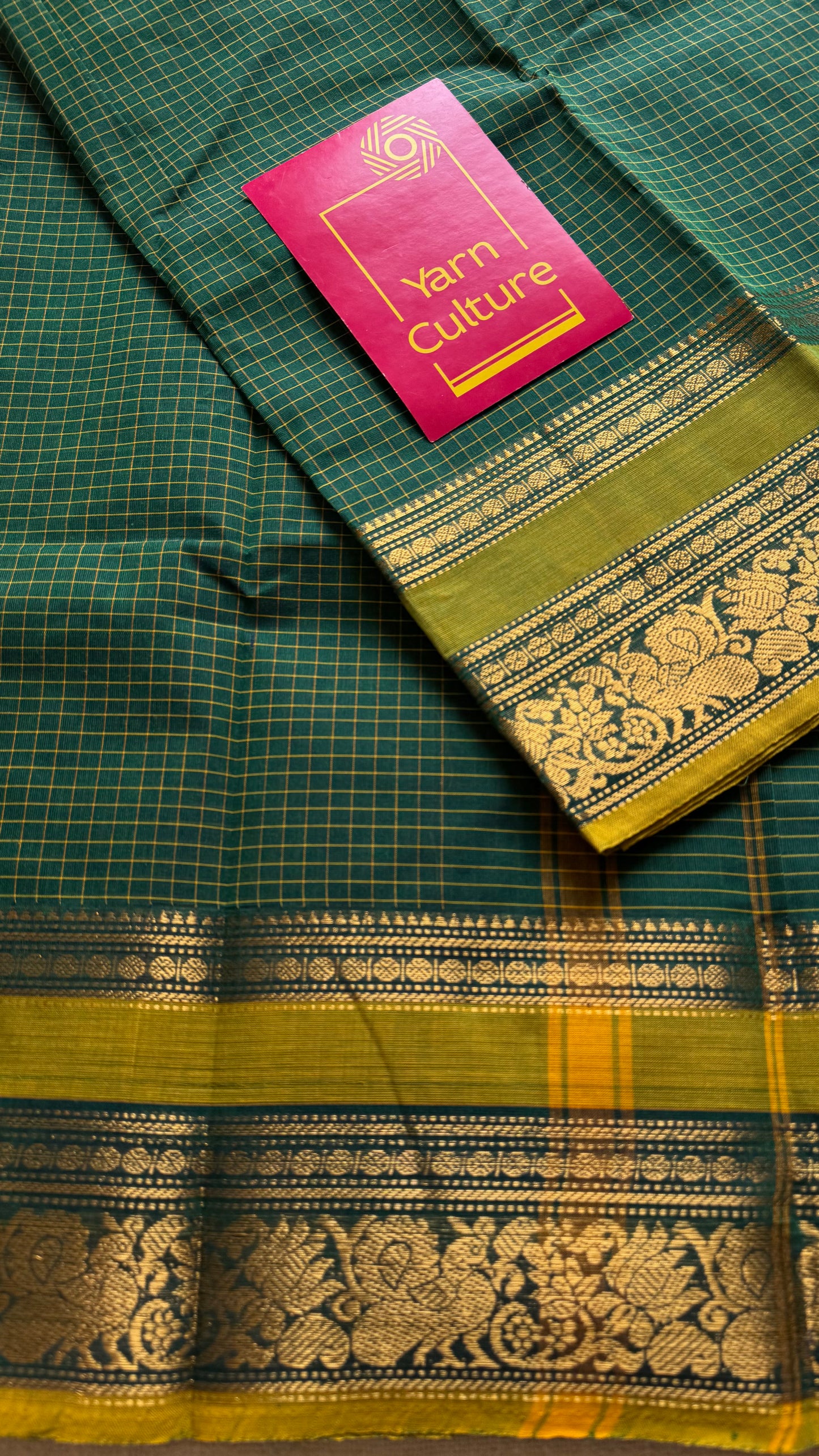 Kanchi cotton saree, green checks with korvai border - YCCOTNAP74