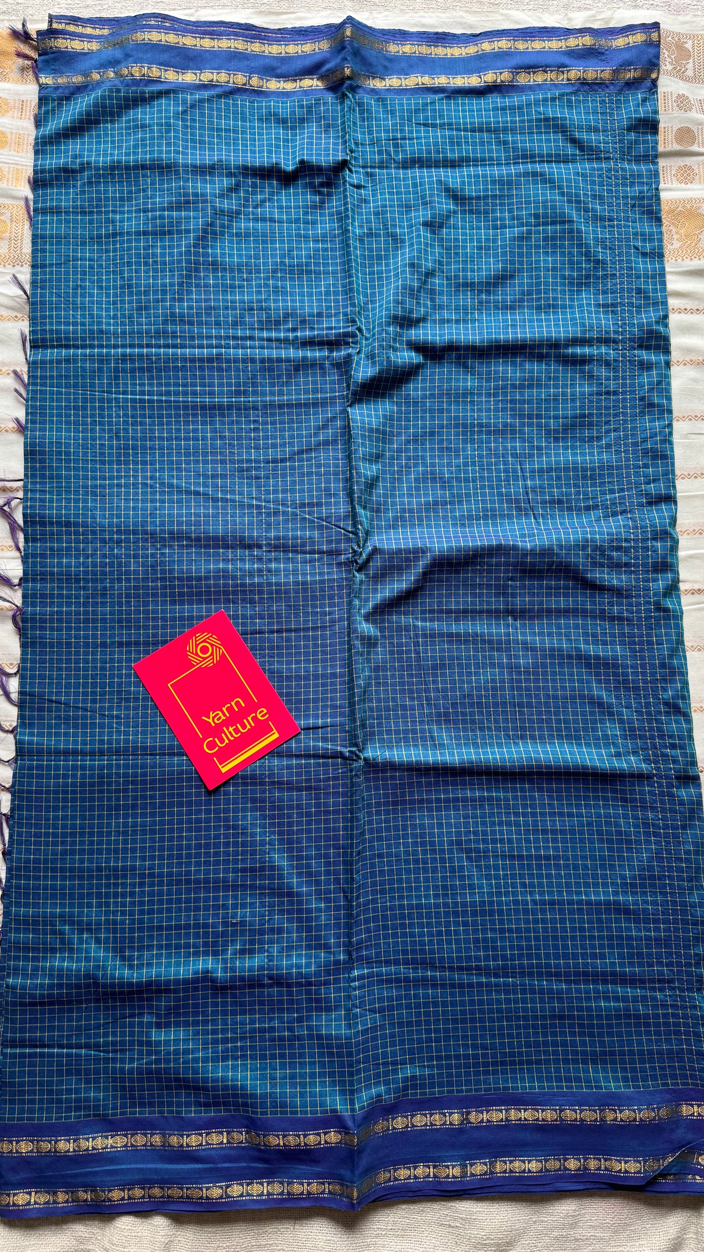 Peacock blue, arani checks saree, cotton silk - YCCOTNAUG21