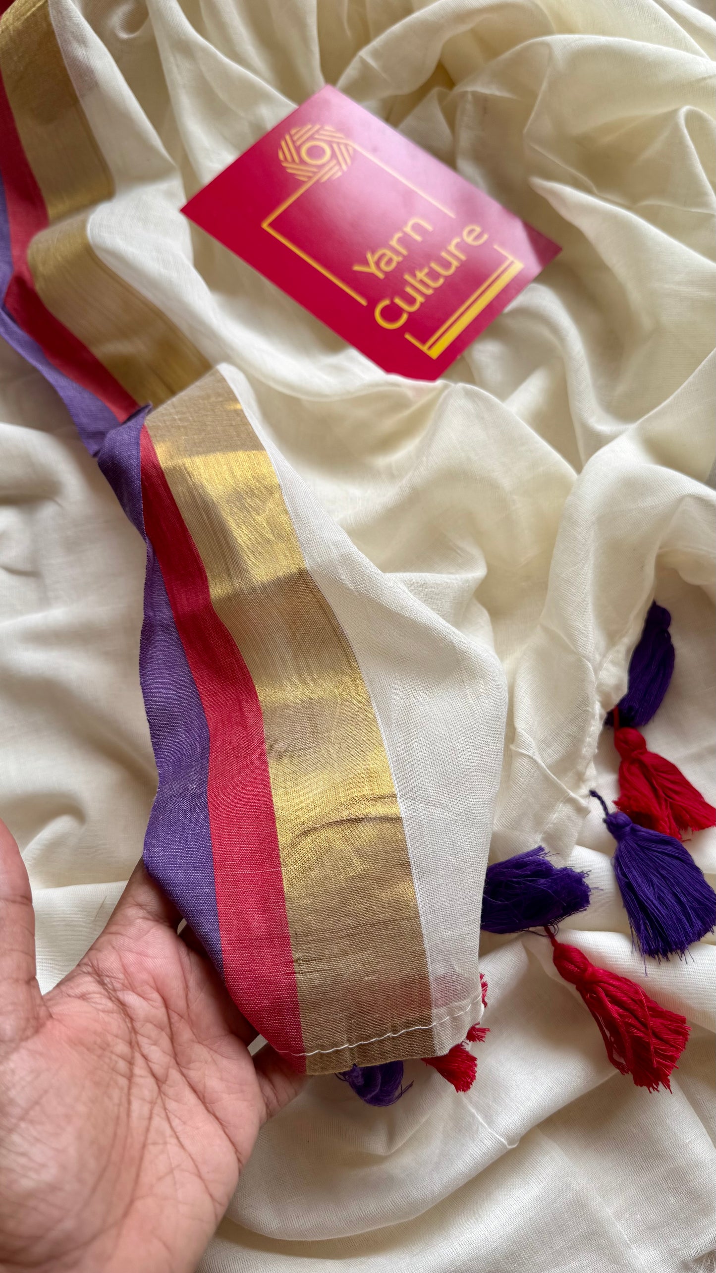 Ivory mul saree, purple, red and gold border - YCIEON08