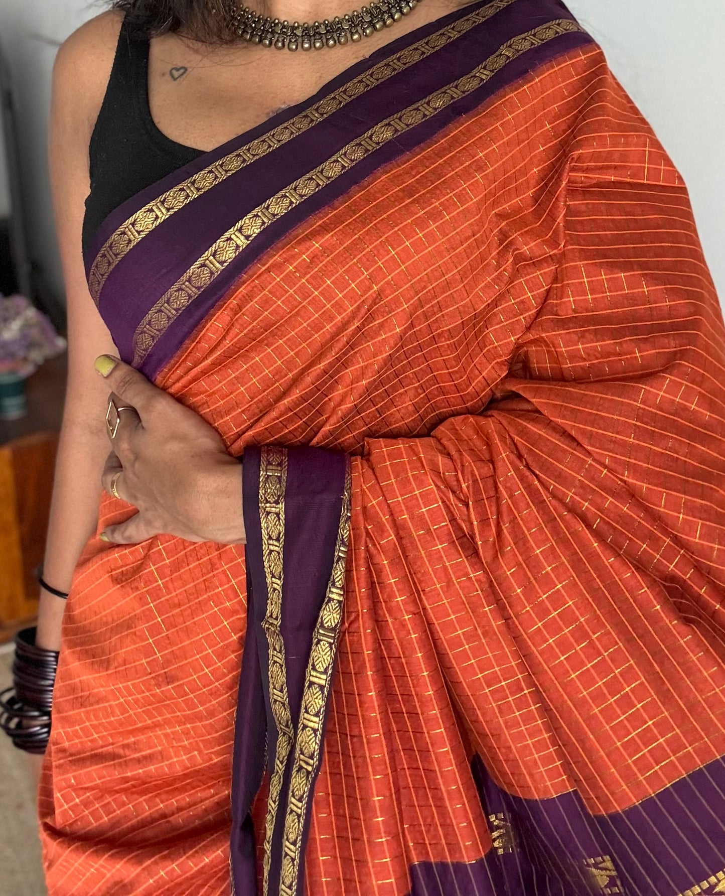 Orange with wine contrast arani checkered saree, cotton silk - YCCOTNKCFE68
