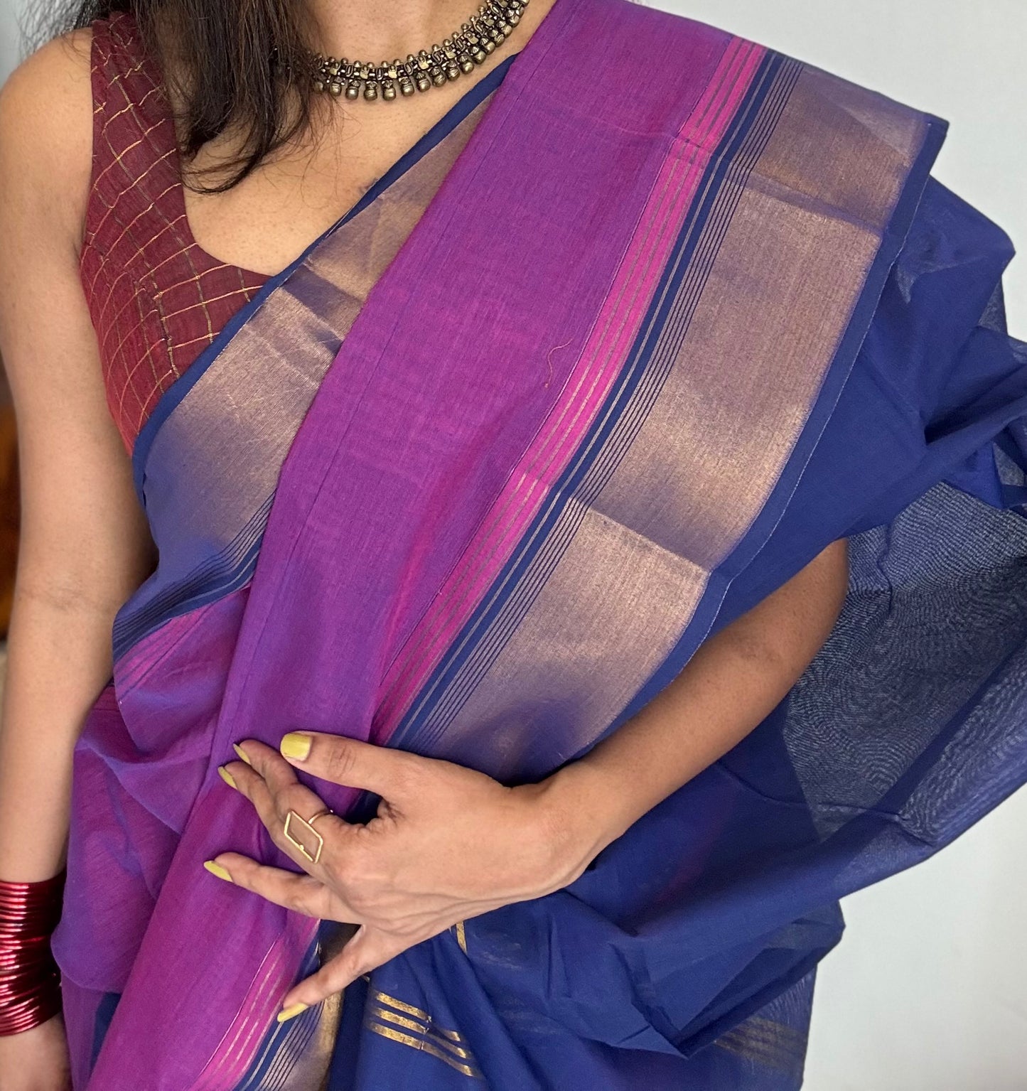 Dark blue and magenta Chettinad cotton saree with antique gold zari border - YCCOTNCCFE154