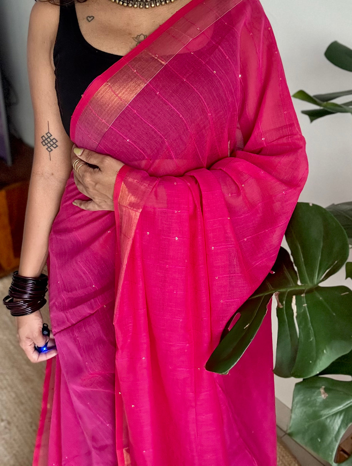 Hot pink mul cotton saree with sequins and zari border - YCBCMCSE34
