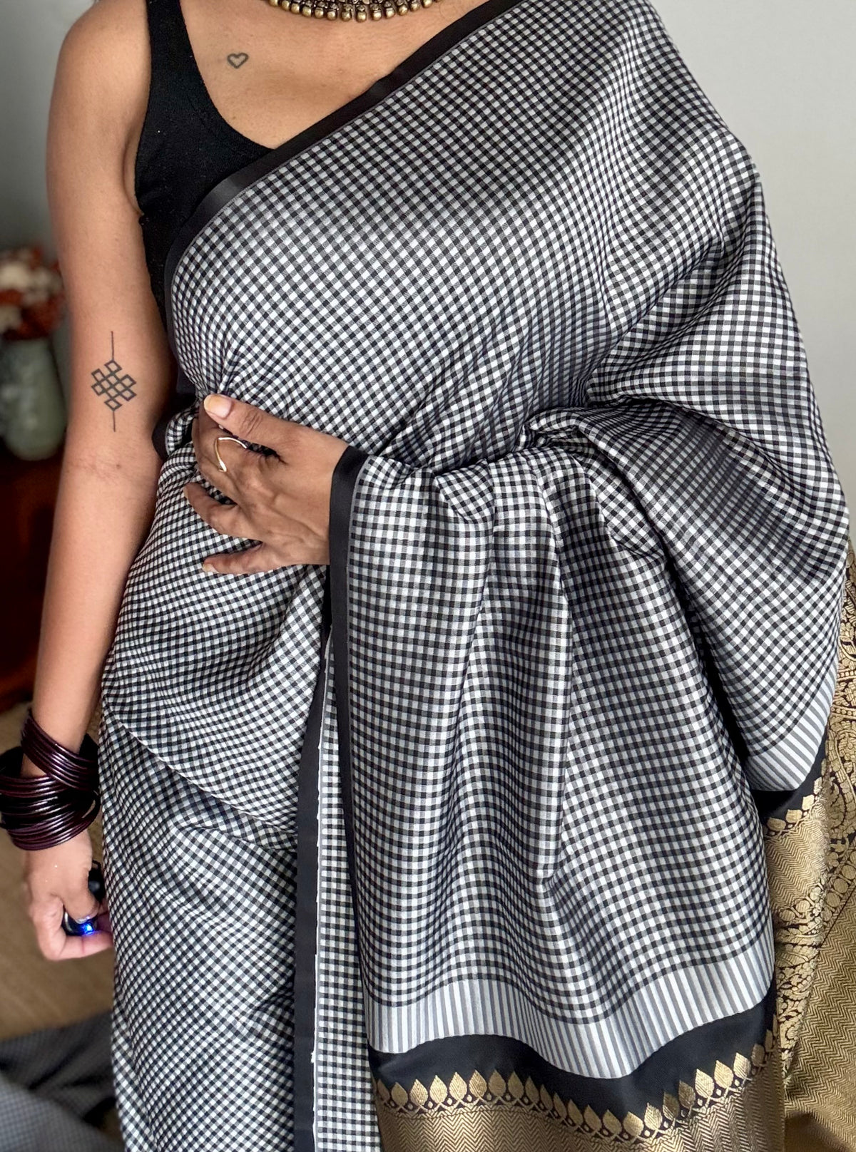 Black and white mini checks, Banarasi semi-katan silk saree with antique gold zari pallu - YCBLTOC93
