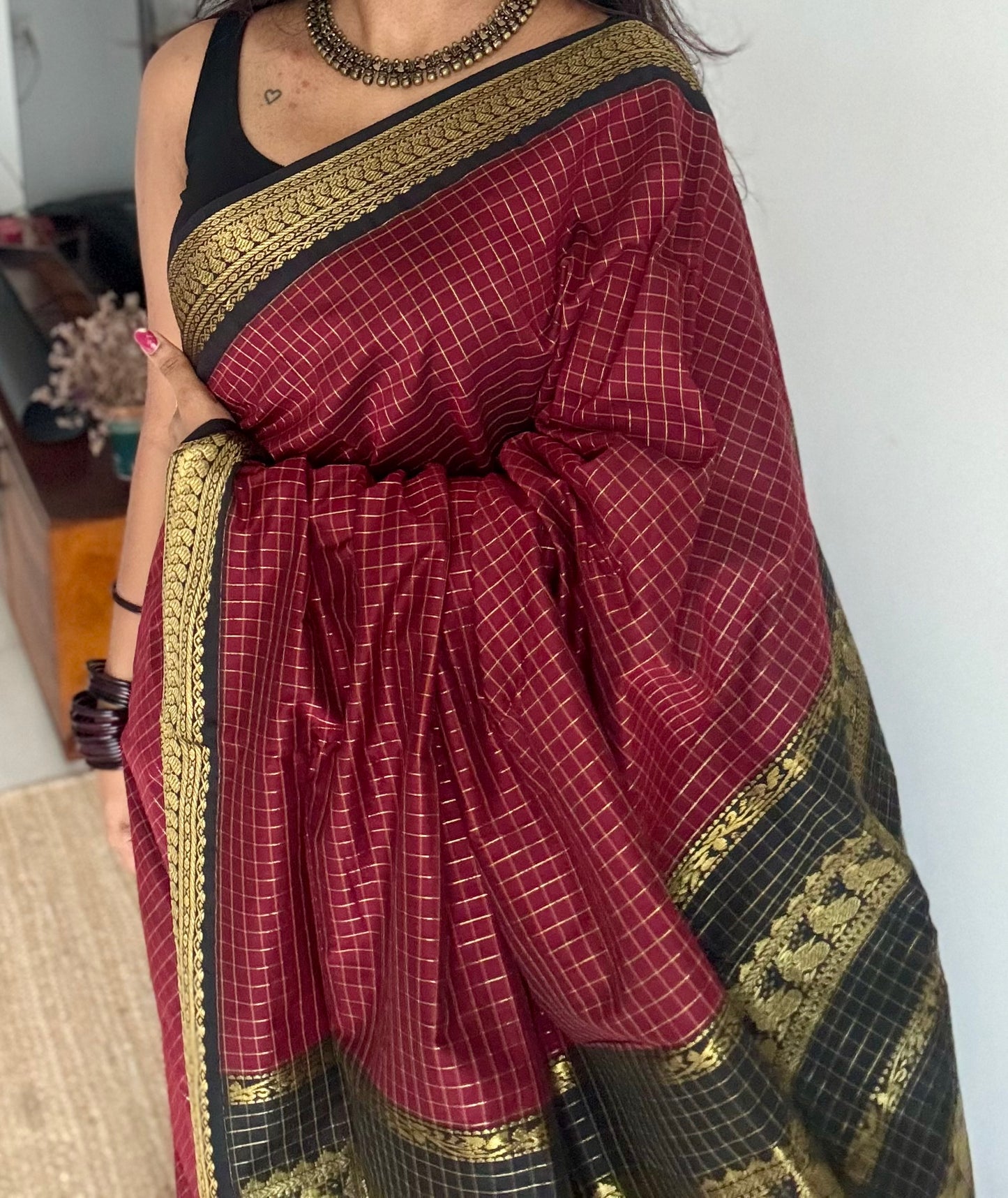 Maroon with black, checks - cotton silk - YCCOTNOCKC43