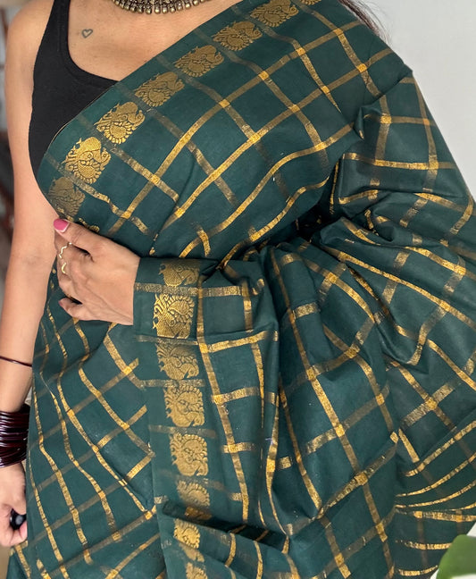 Bottle green pavithra kattam kattuchayam dyed madurai cotton saree - YCCOTNMSAP121