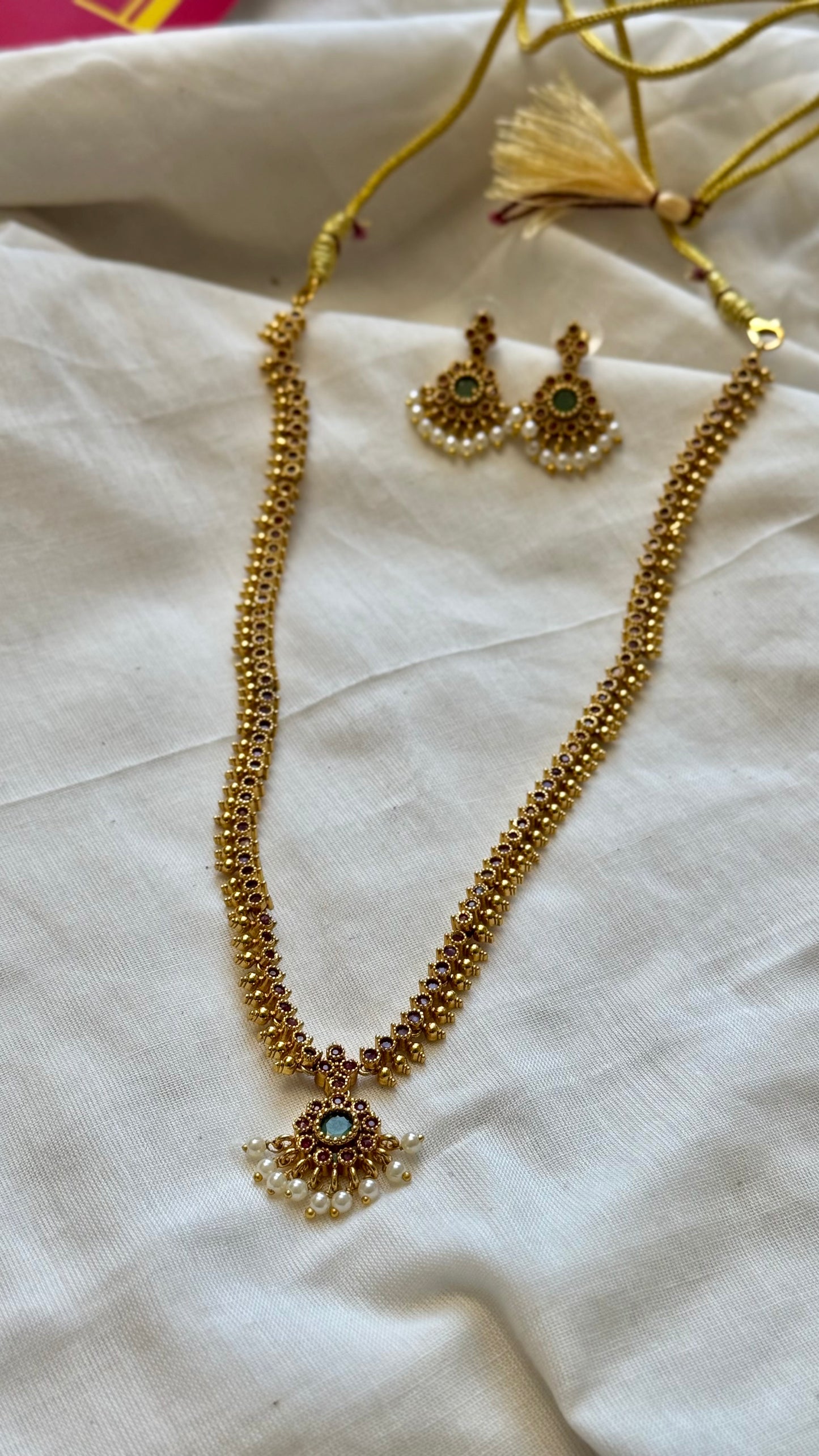 Long traditional kemp neckpiece with ruby & green stones, with earrings - YCGPNP678