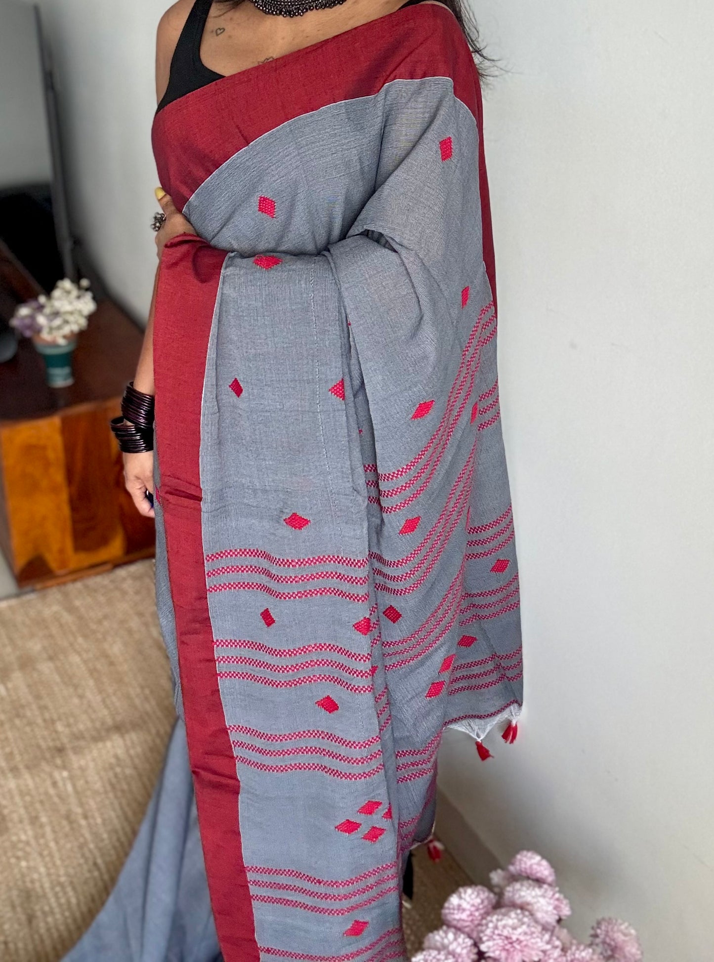 Grey with maroon, soft khadi cotton with woven motifs - YCBCKCDE24