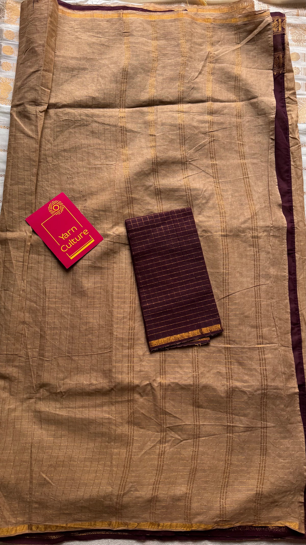 Cream and maroon, sungudi and chettinad cotton half-half saree - YCCOTNIDOC27