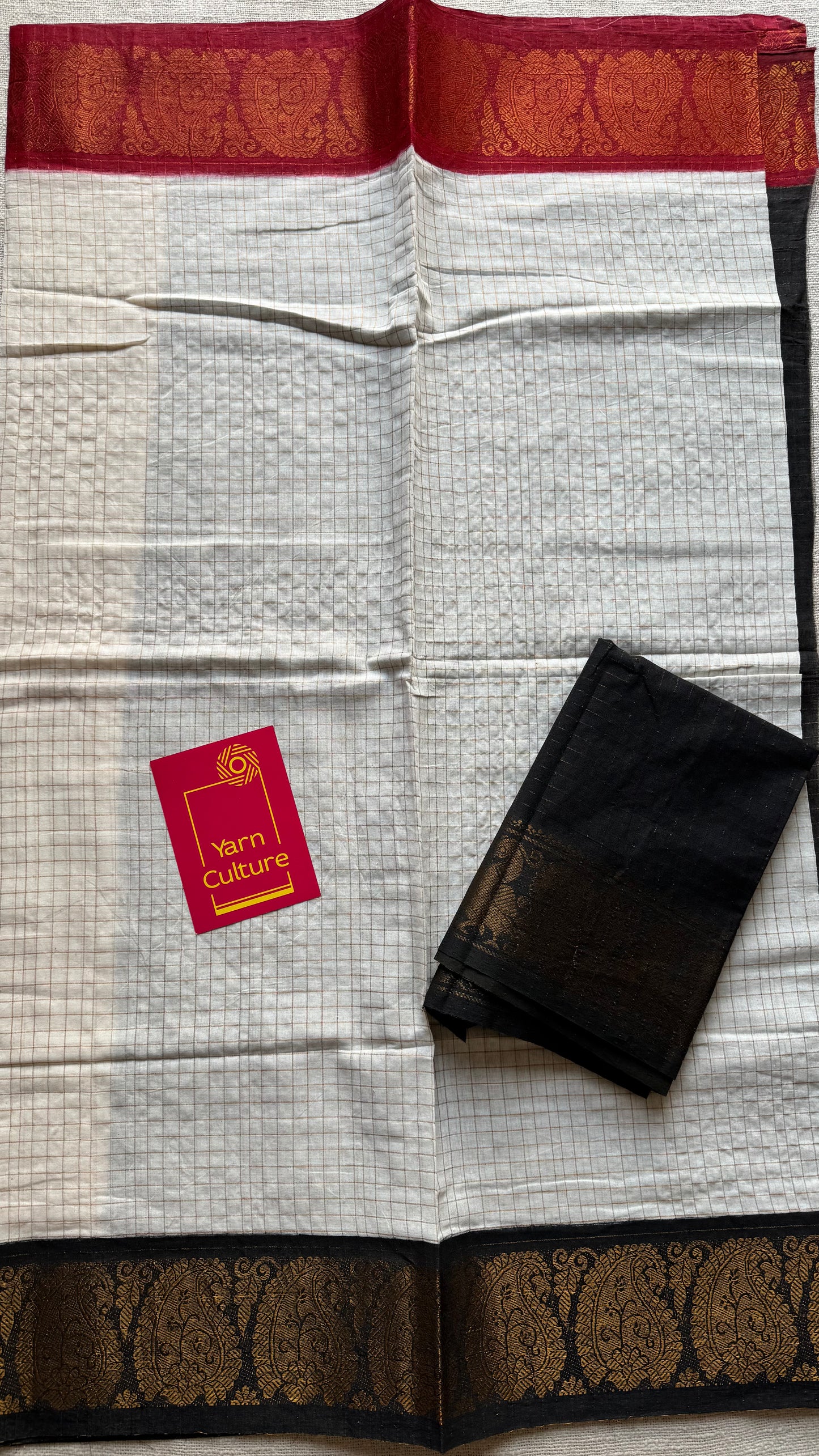 Sungudi cotton checks, ivory gold base, red and black dual tone flower paisley border, soft cotton - YCCOTNGJJA165