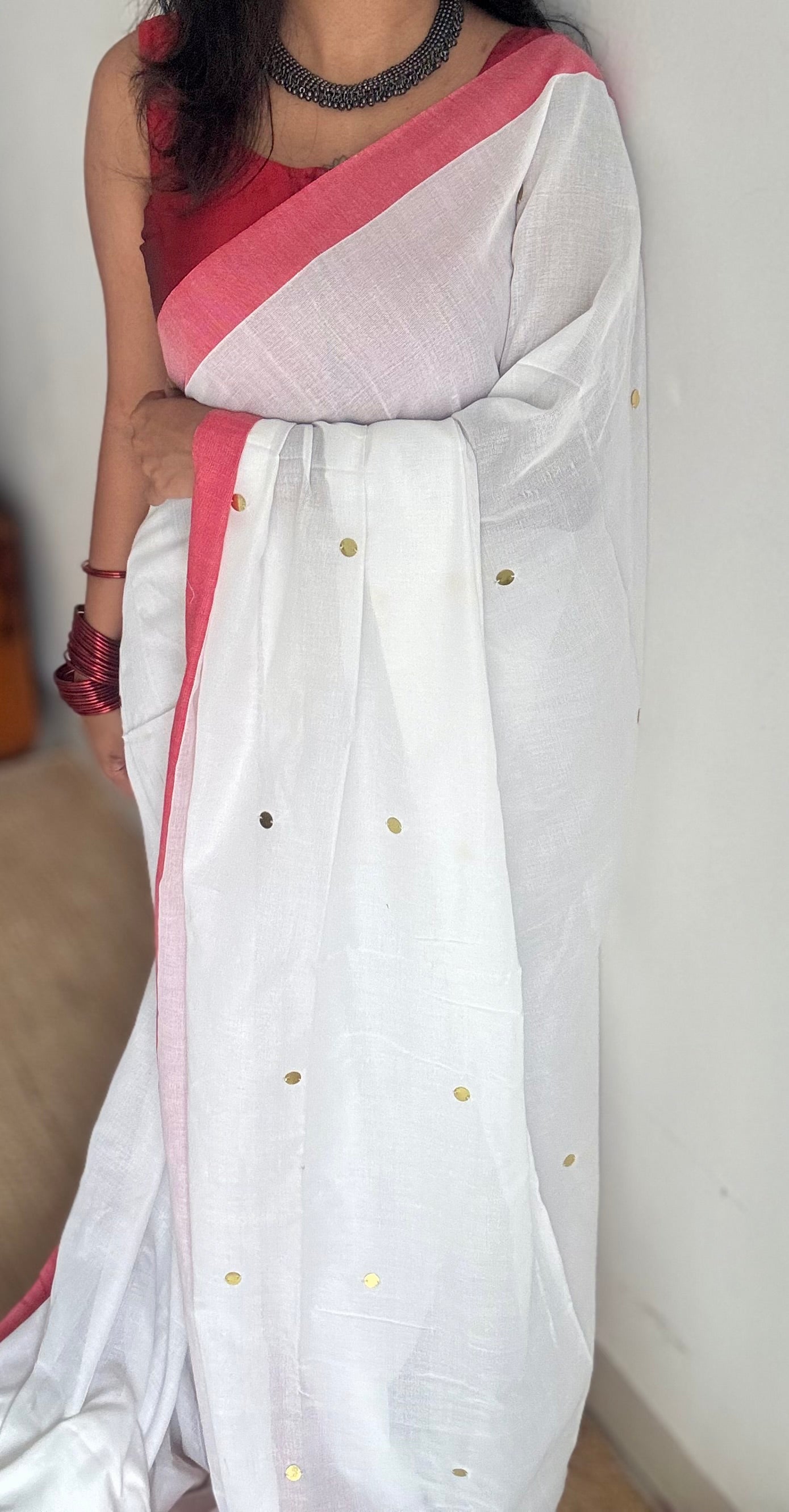 White with red border, gini sequins, soft cotton - YCBCDP06
