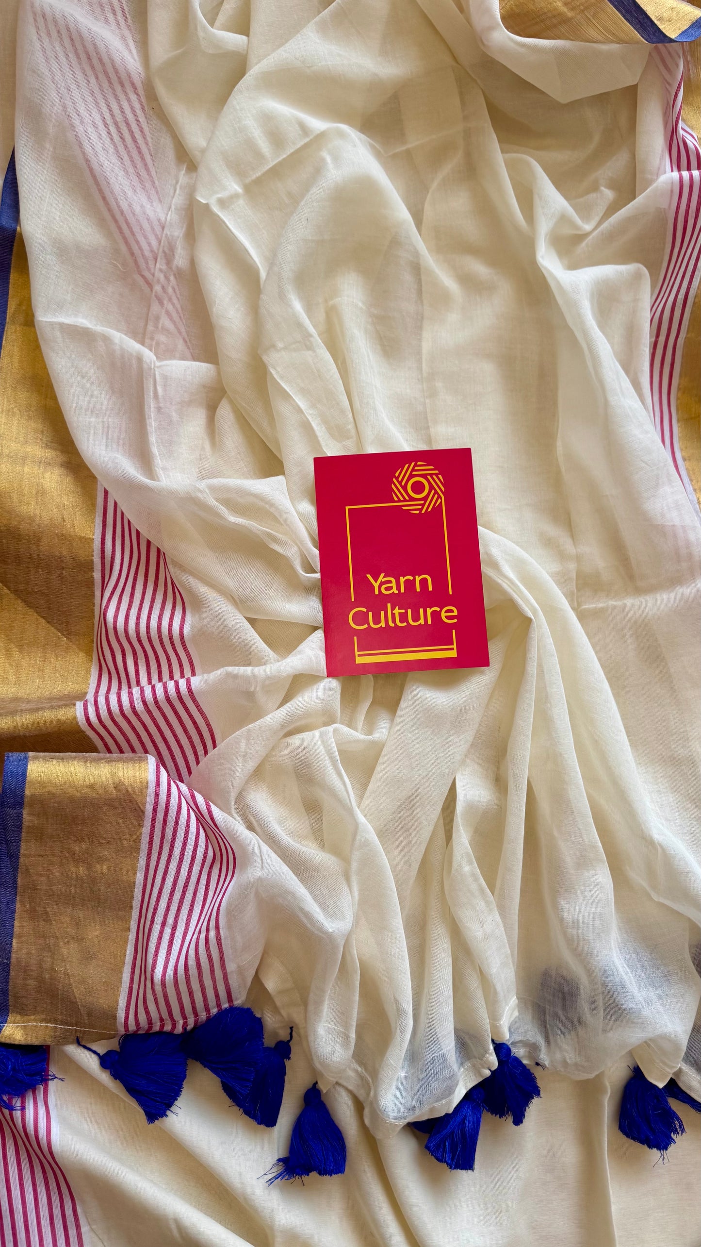 Ivory mul saree, blue and red striped border - YCIEON20