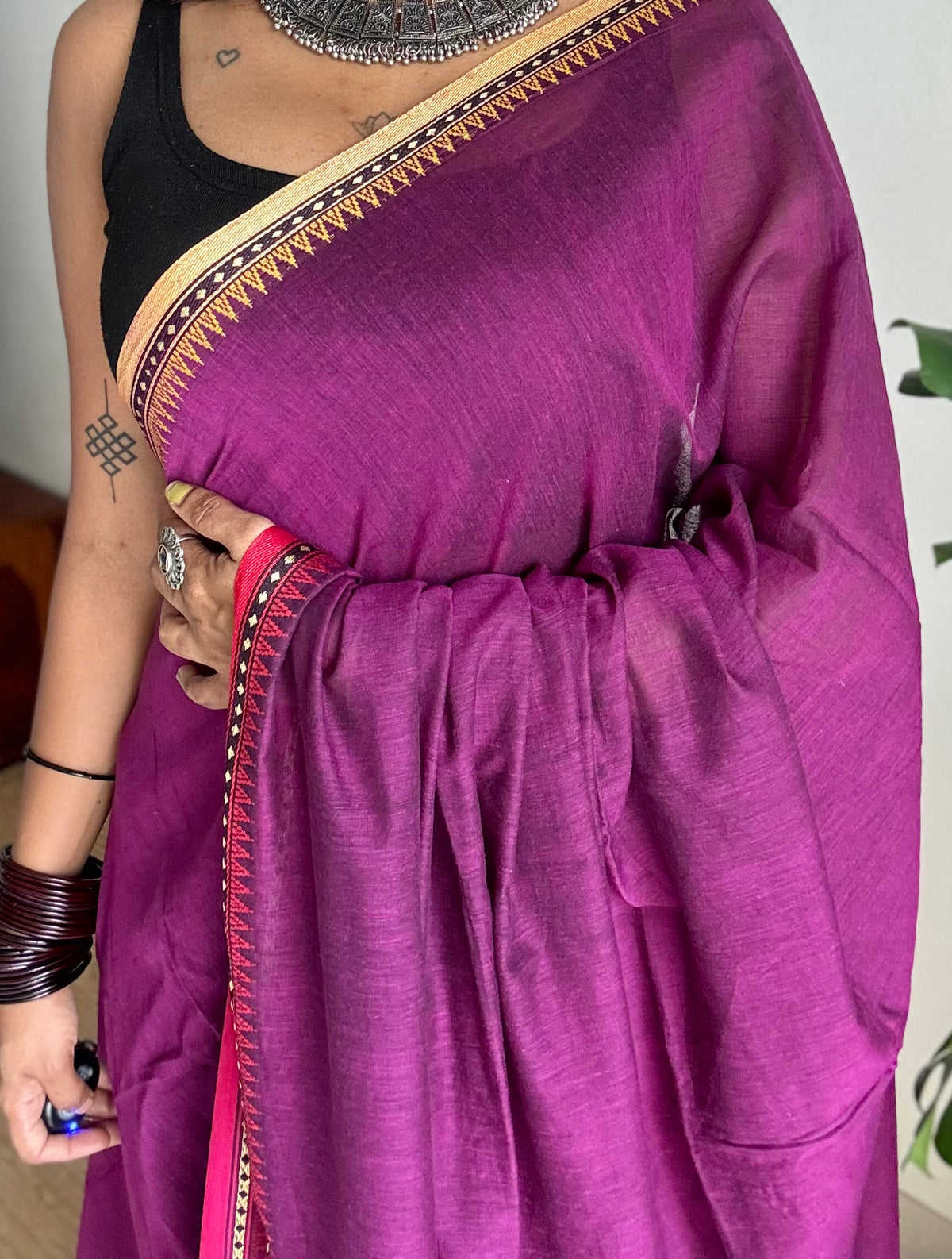 Handloom Bengal soft cotton saree, purple pink with cream and red woven dual tone borders - YCBCMCSE40